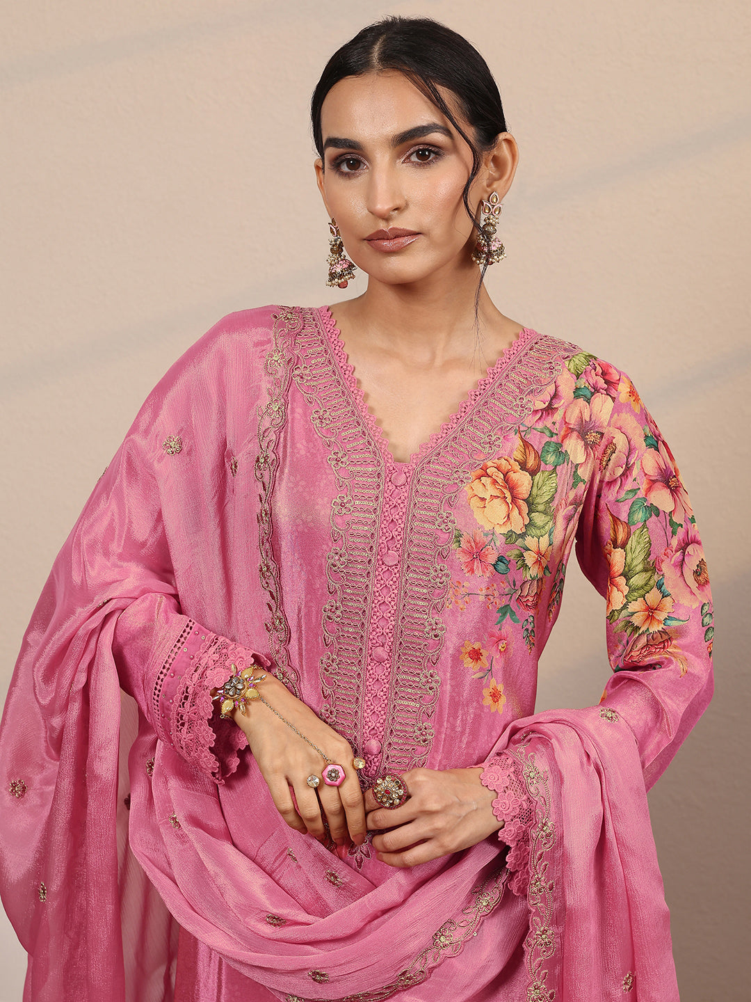 Libas Pink Embroidered Crepe Straight Suit Set With Dupatta