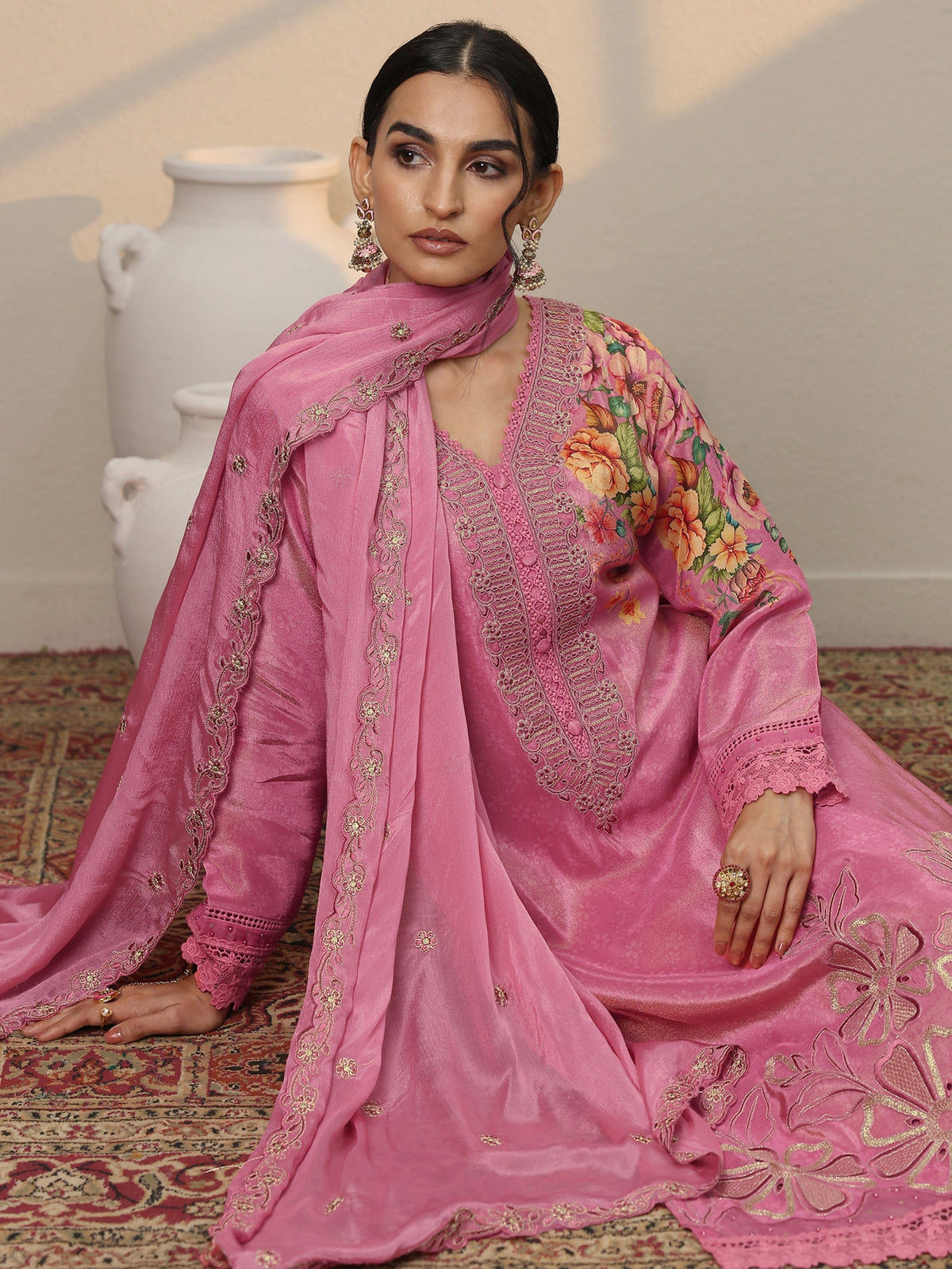 Libas Pink Embroidered Crepe Straight Suit Set With Dupatta