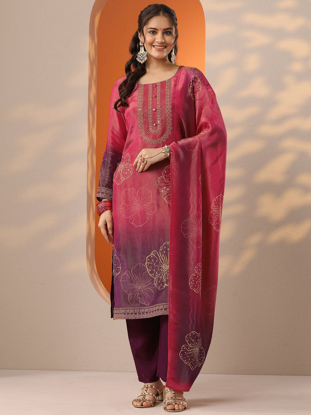 Libas Pink Printed Silk Blend Straight Suit Set With Dupatta