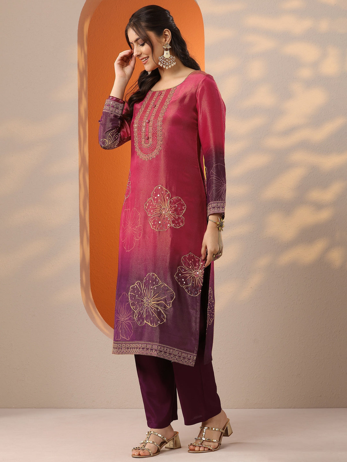 Libas Pink Printed Silk Blend Straight Suit Set With Dupatta