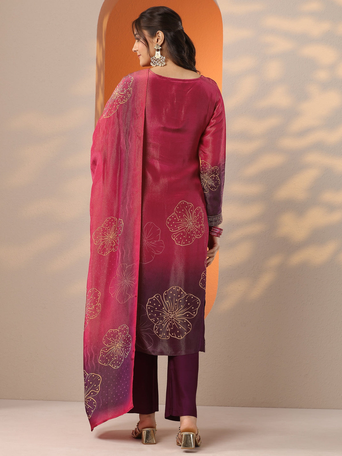 Libas Pink Printed Silk Blend Straight Suit Set With Dupatta