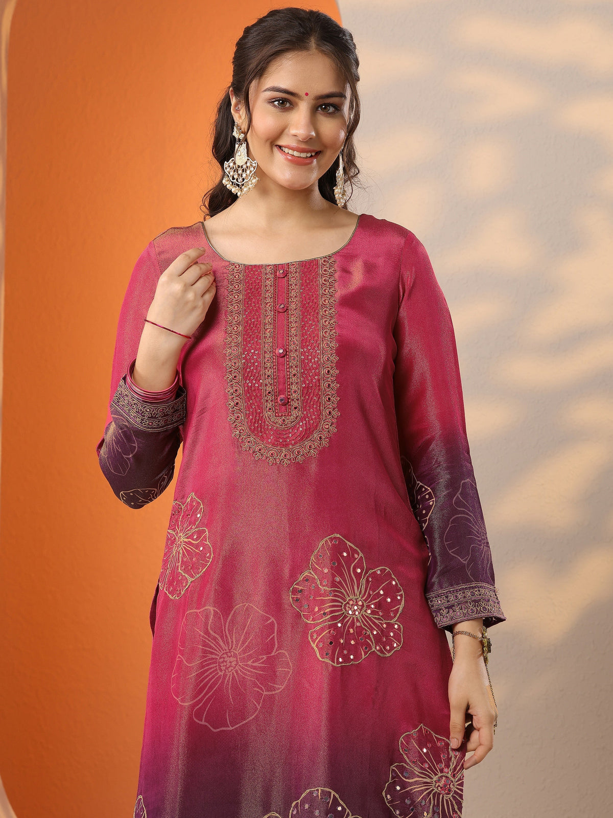 Libas Pink Printed Silk Blend Straight Suit Set With Dupatta