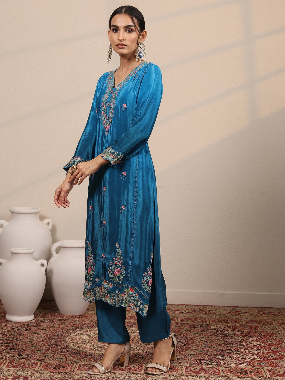 Libas Blue Embroidered Crepe Straight Suit Set With Dupatta