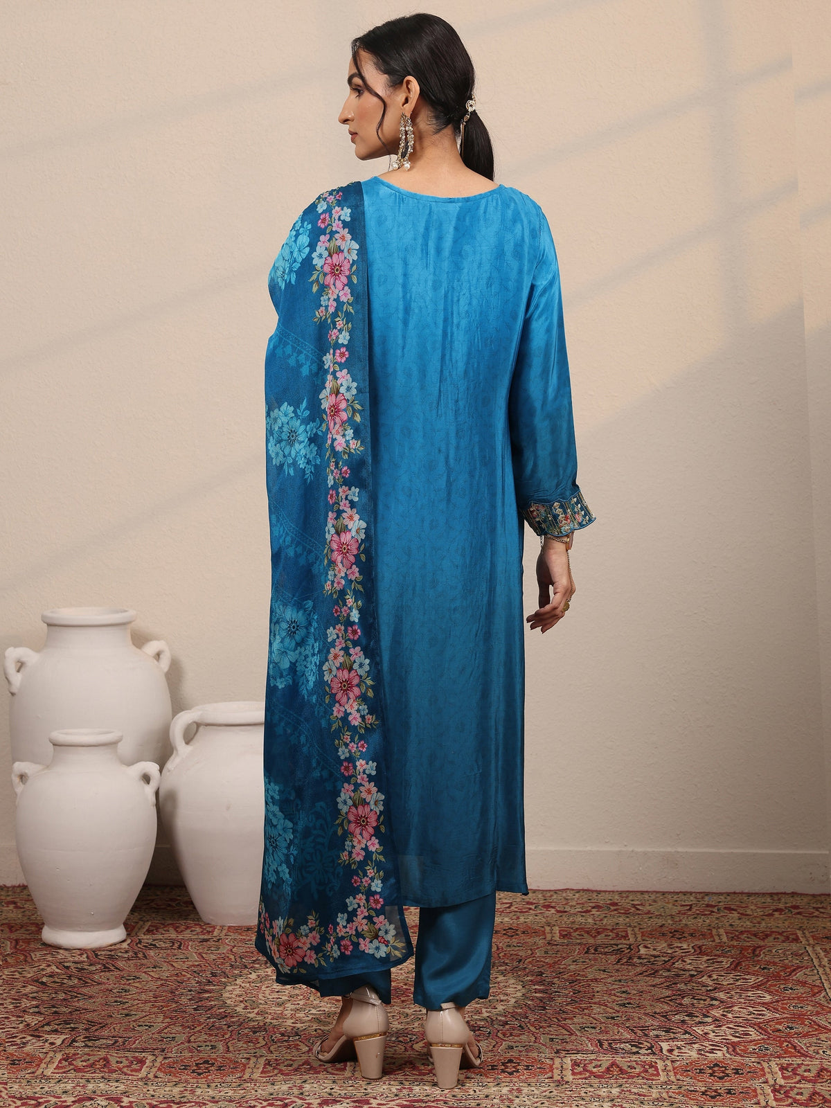Libas Blue Embroidered Crepe Straight Suit Set With Dupatta
