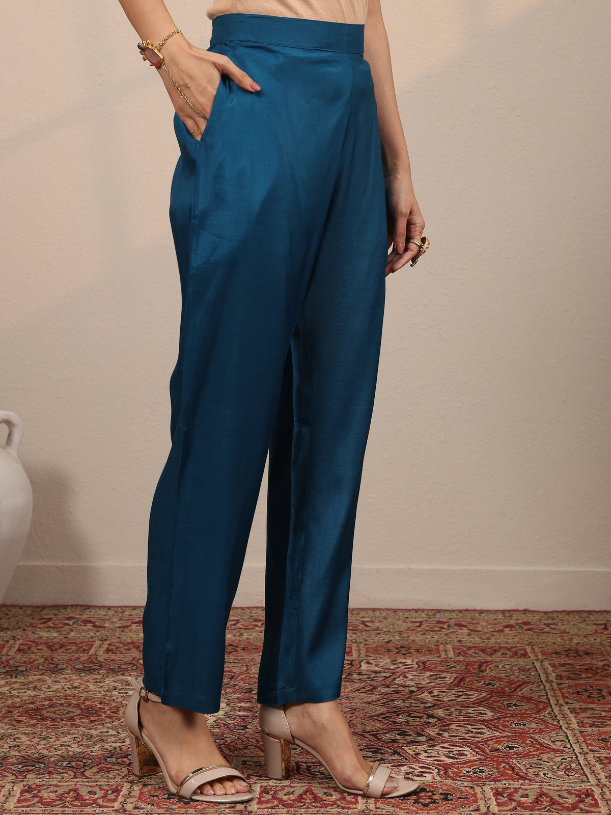 Libas Blue Embroidered Crepe Straight Suit Set With Dupatta