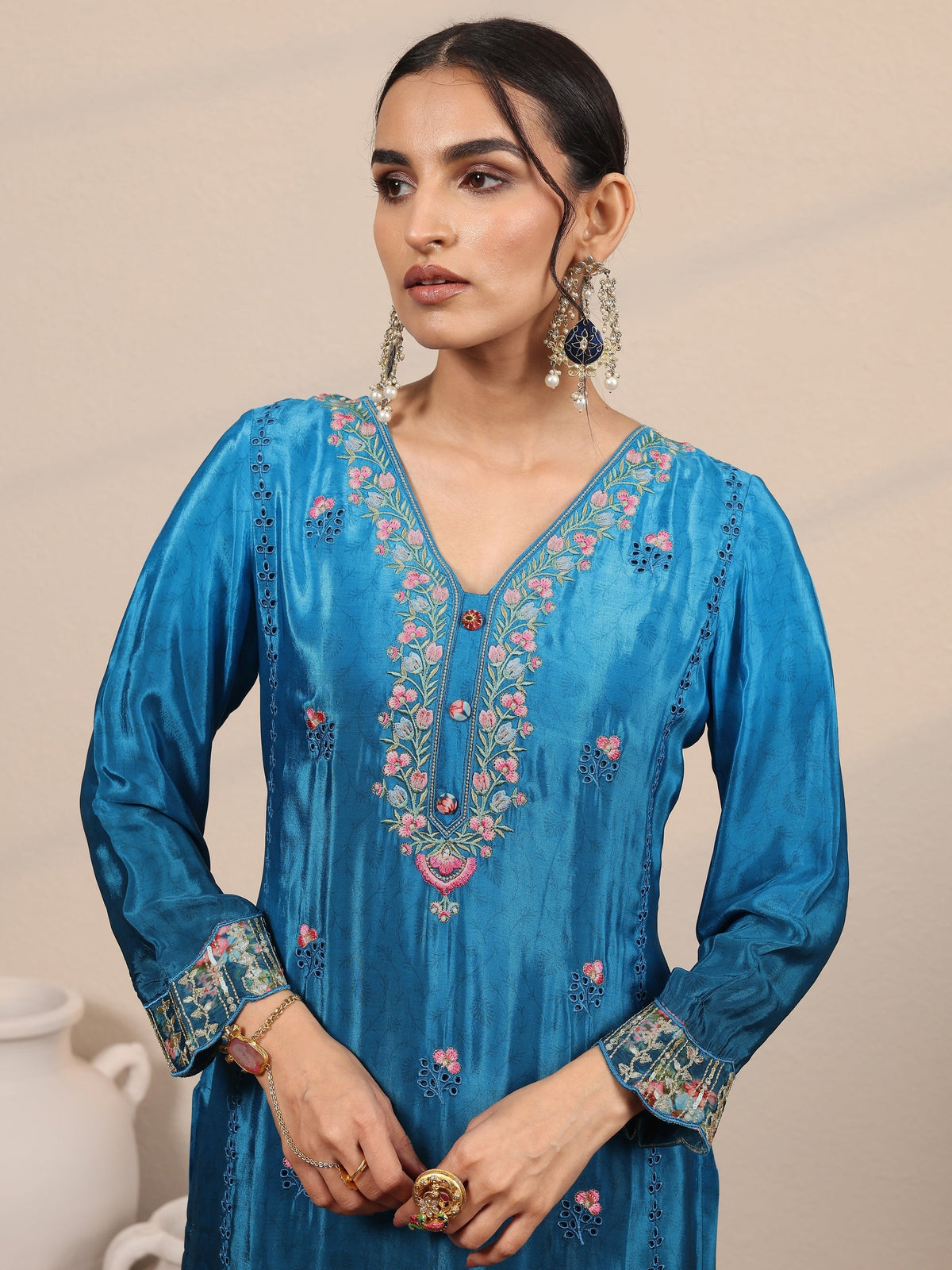 Libas Blue Embroidered Crepe Straight Suit Set With Dupatta