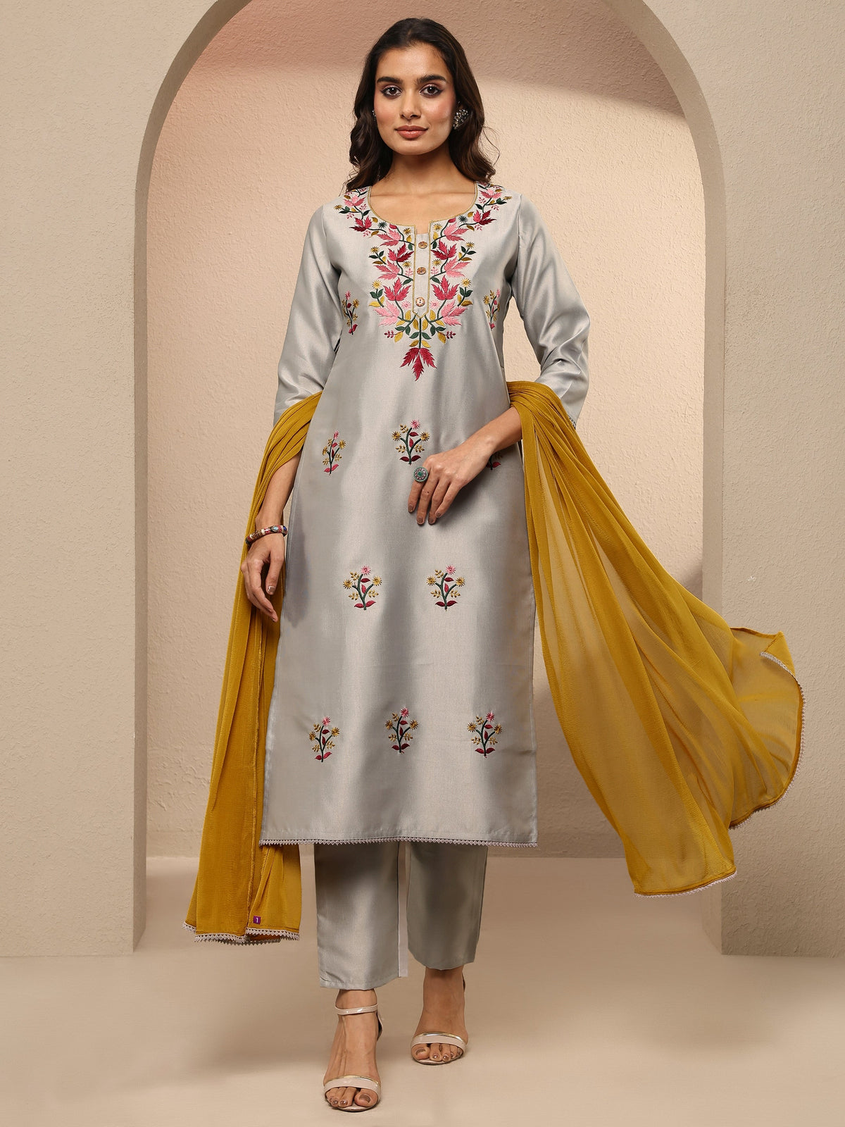 Libas Grey Embroidered Silk Blend Straight Suit Set With Dupatta