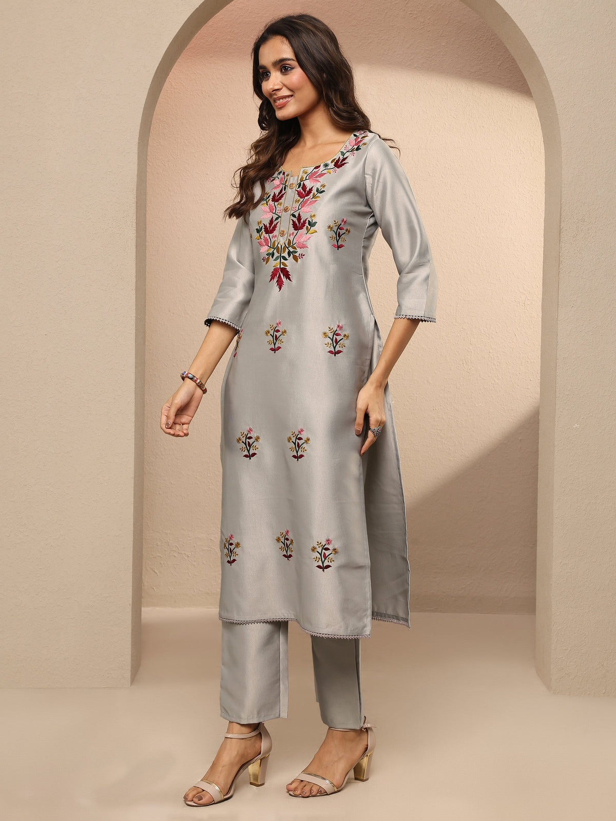 Libas Grey Embroidered Silk Blend Straight Suit Set With Dupatta