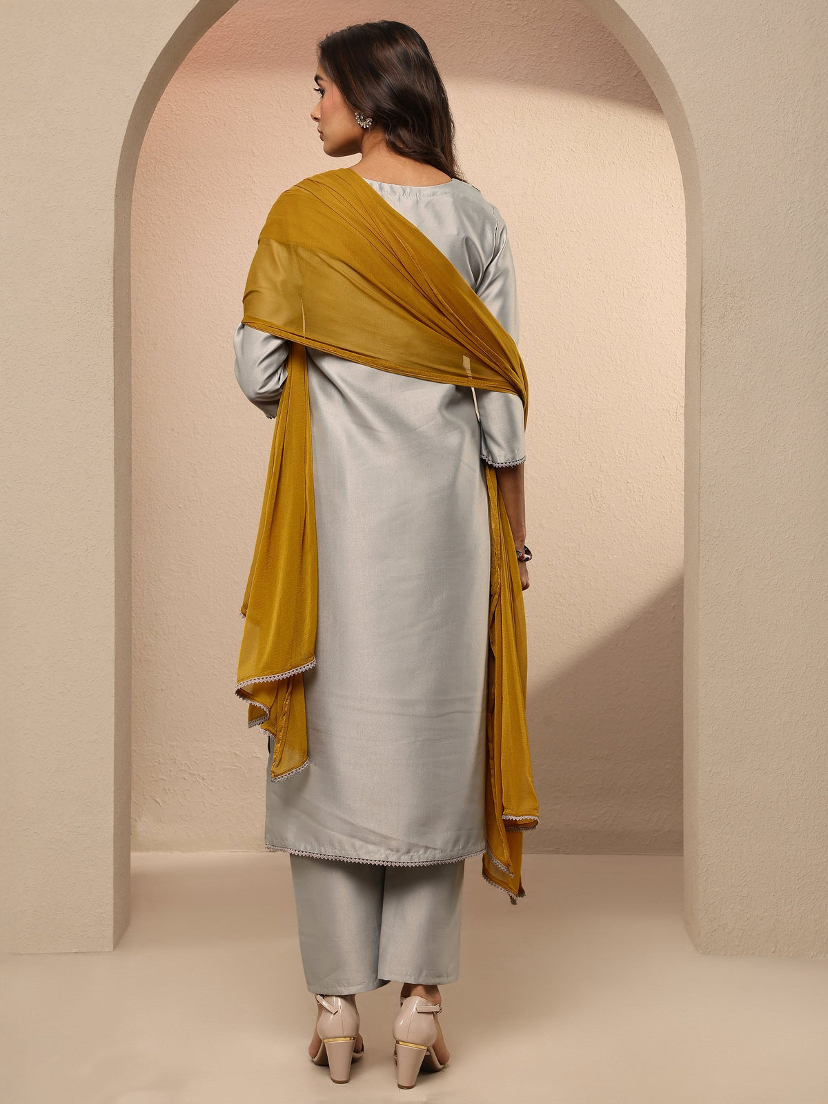 Libas Grey Embroidered Silk Blend Straight Suit Set With Dupatta