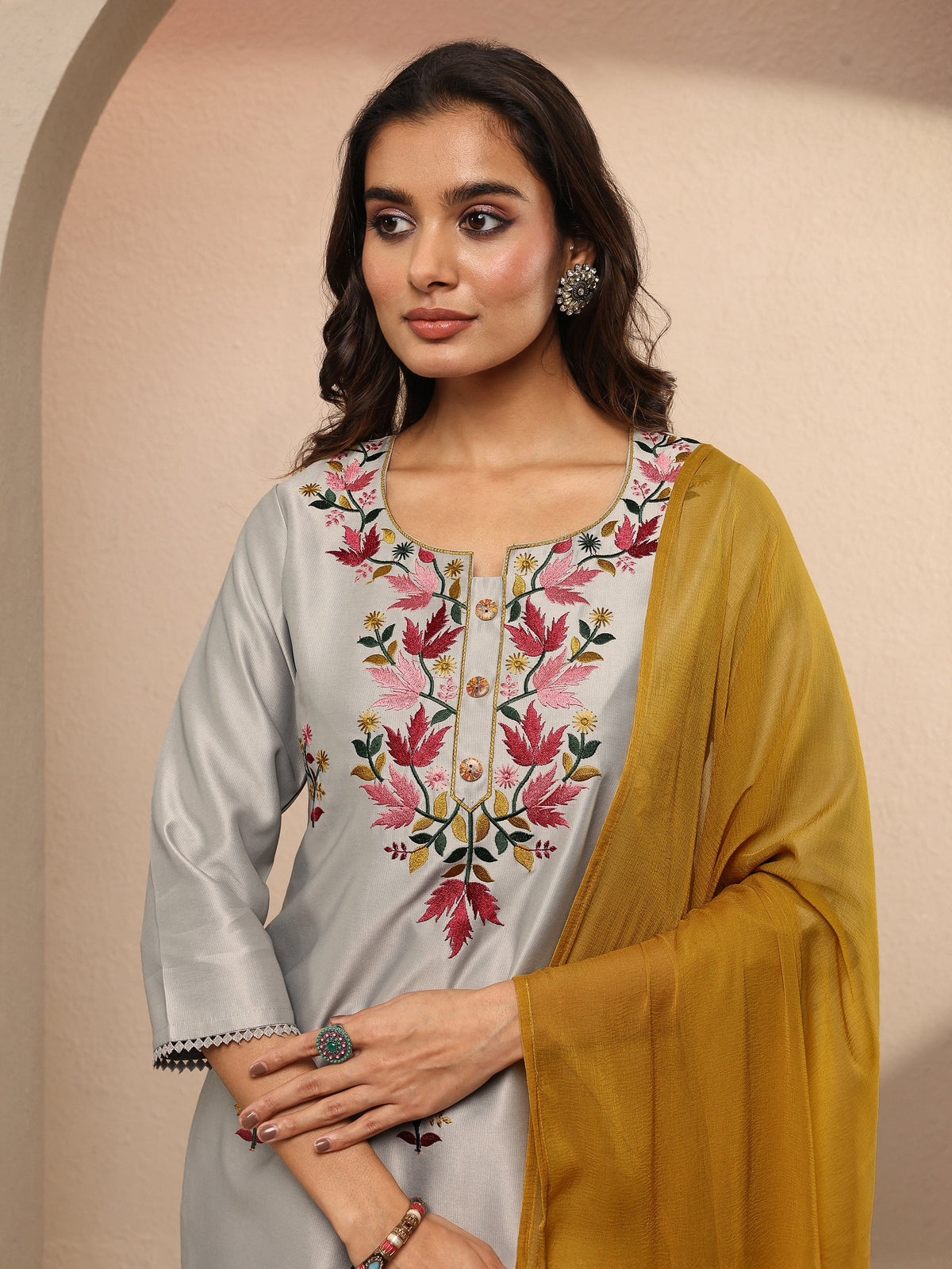 Libas Grey Embroidered Silk Blend Straight Suit Set With Dupatta