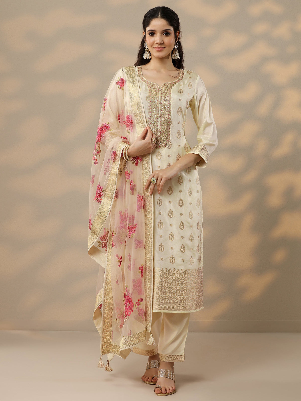 Libas Off White Woven Design Silk Blend Straight Suit Set With Dupatta