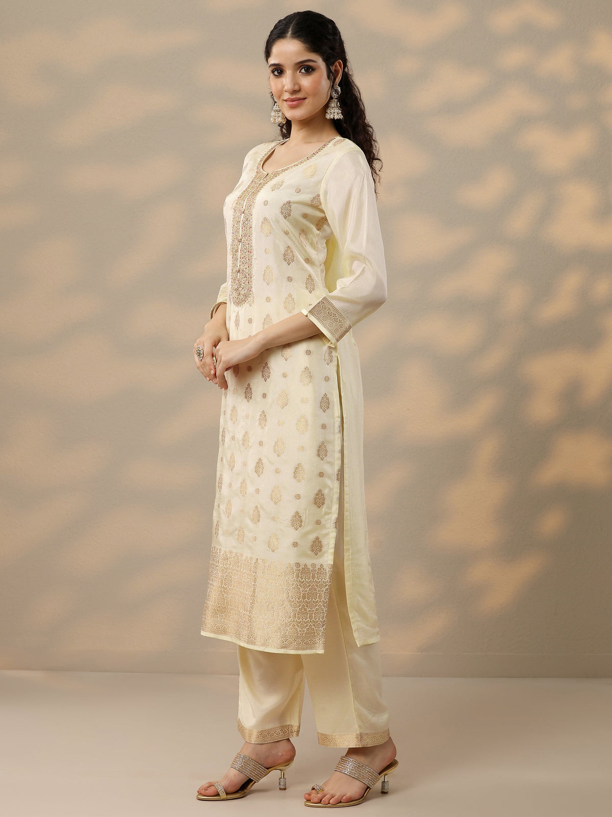 Libas Off White Woven Design Silk Blend Straight Suit Set With Dupatta