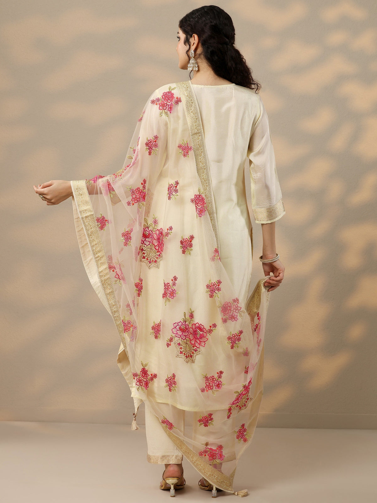 Libas Off White Woven Design Silk Blend Straight Suit Set With Dupatta