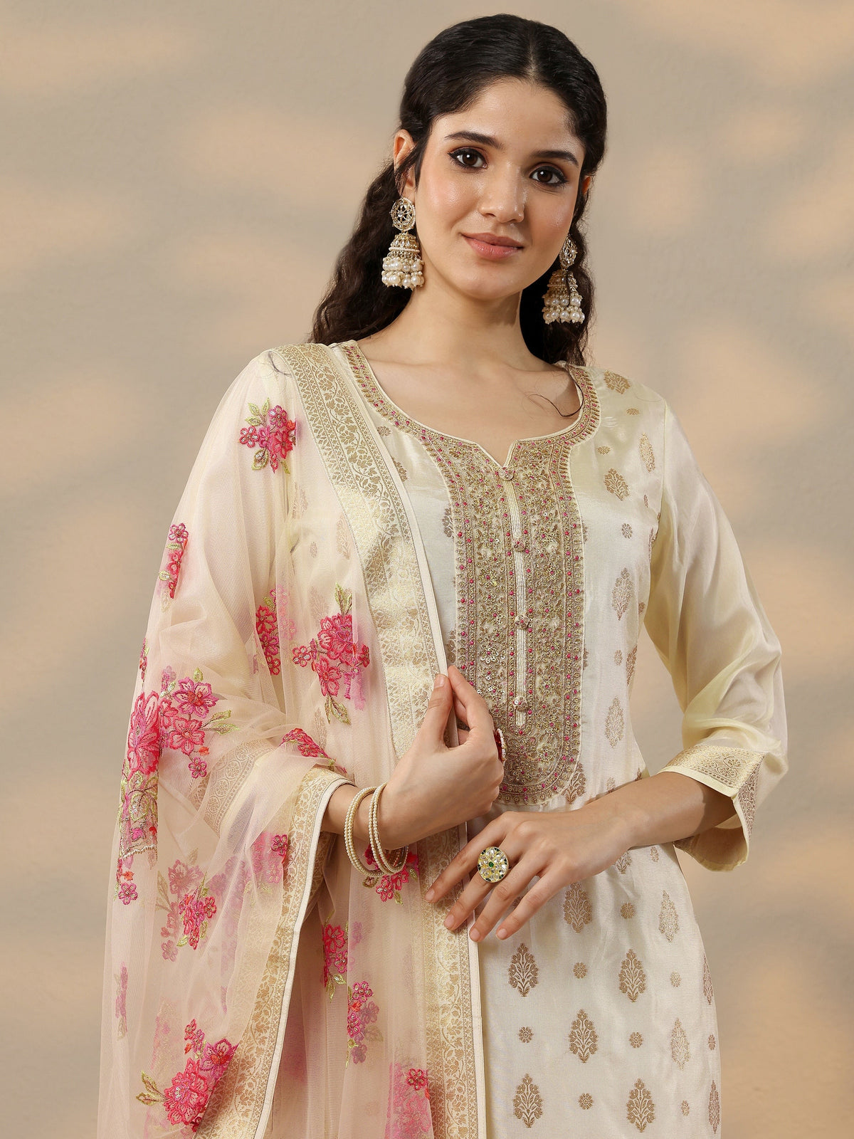 Libas Off White Woven Design Silk Blend Straight Suit Set With Dupatta