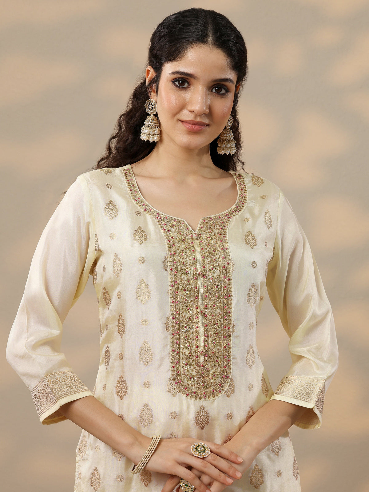 Libas Off White Woven Design Silk Blend Straight Suit Set With Dupatta