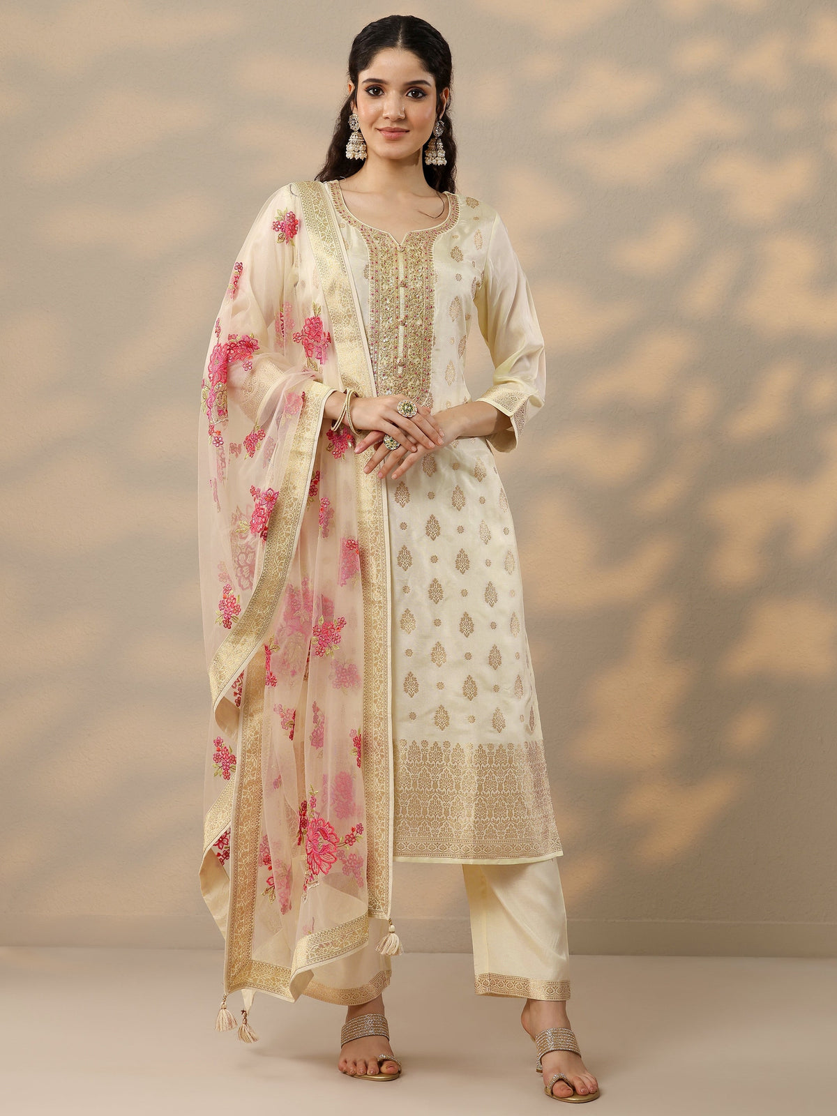 Libas Off White Woven Design Silk Blend Straight Suit Set With Dupatta