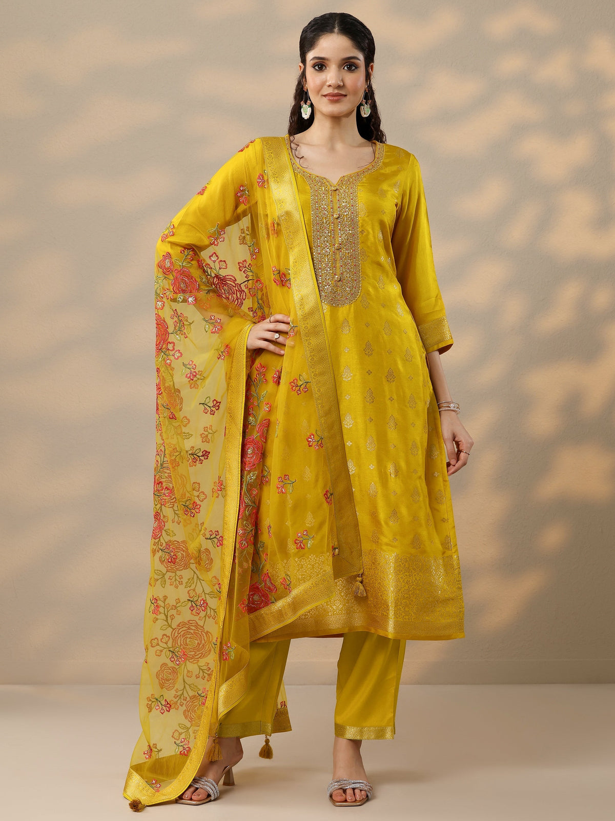 Libas Mustard Woven Design Silk Blend Straight Suit Set With Dupatta