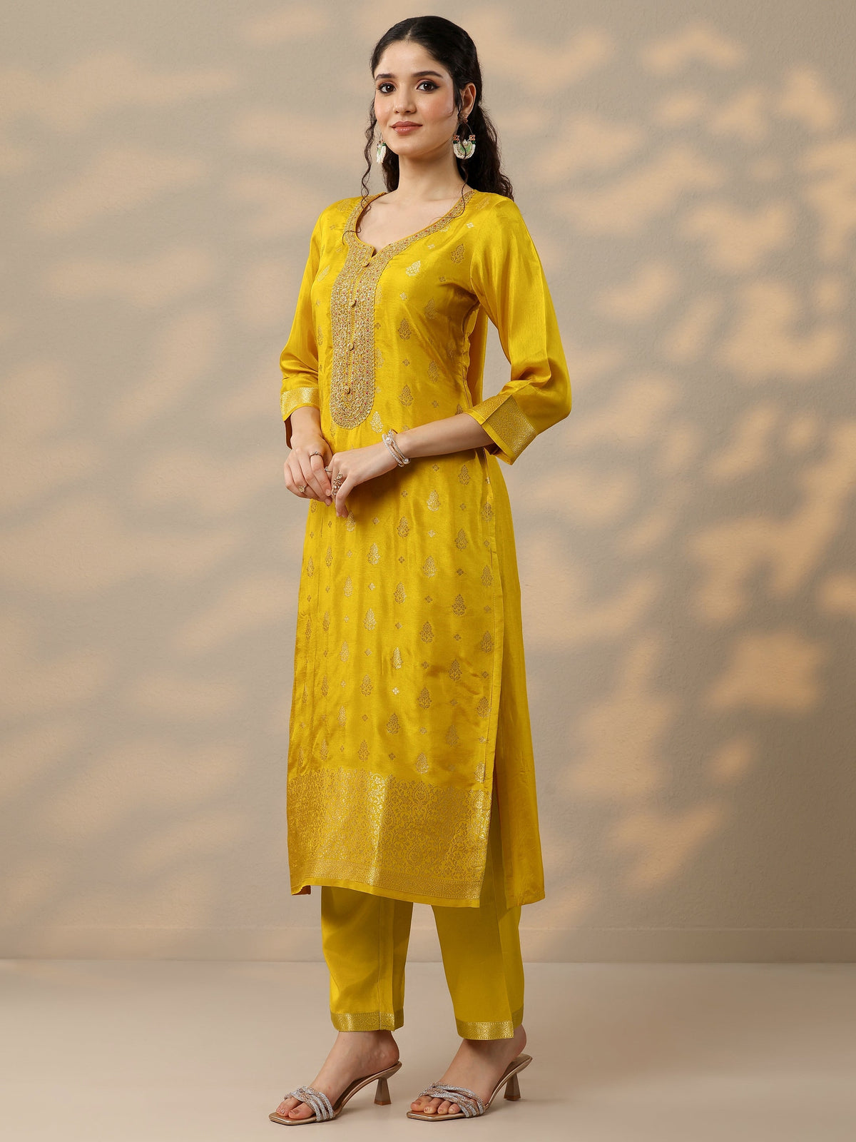 Libas Mustard Woven Design Silk Blend Straight Suit Set With Dupatta
