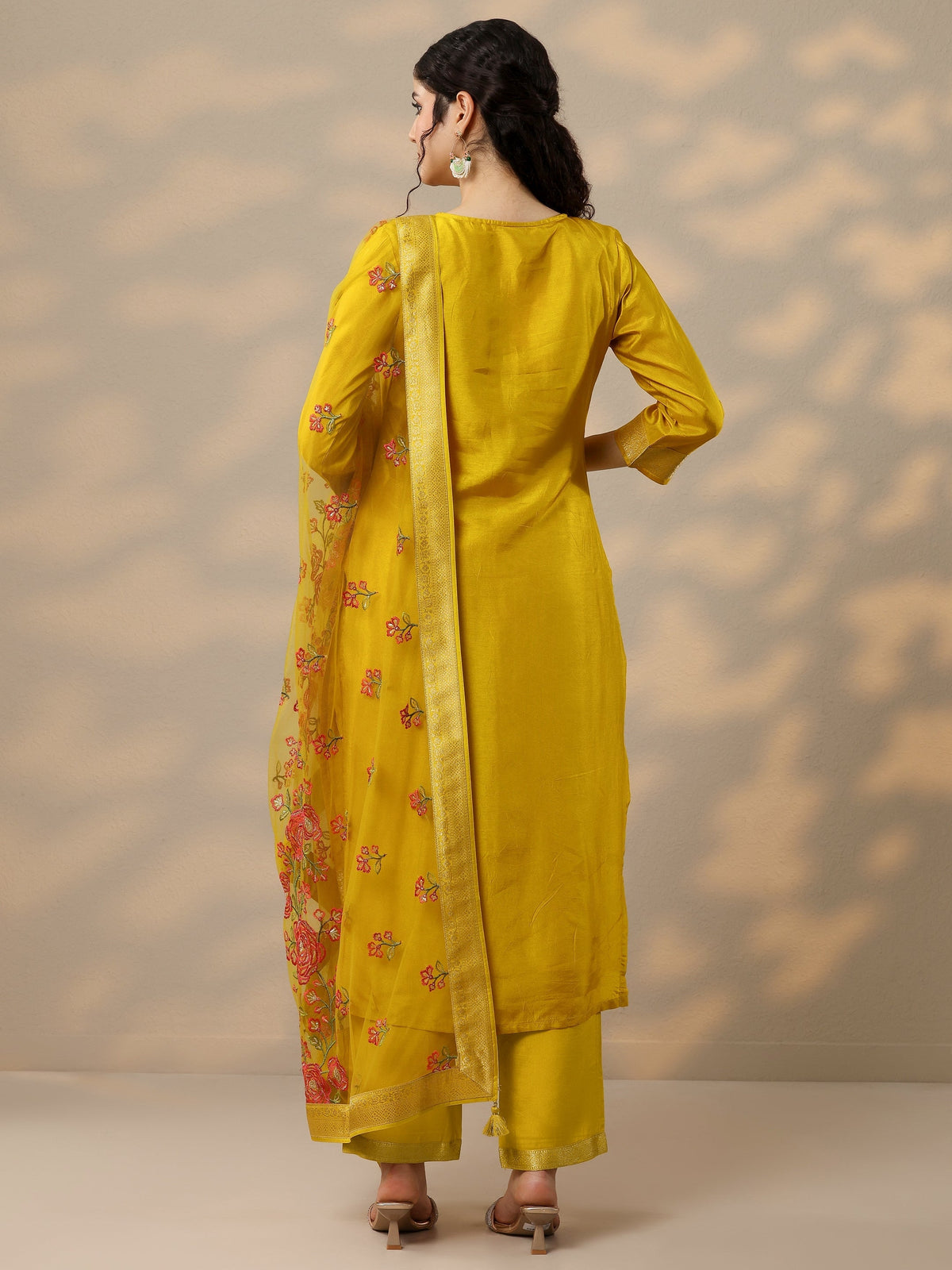 Libas Mustard Woven Design Silk Blend Straight Suit Set With Dupatta