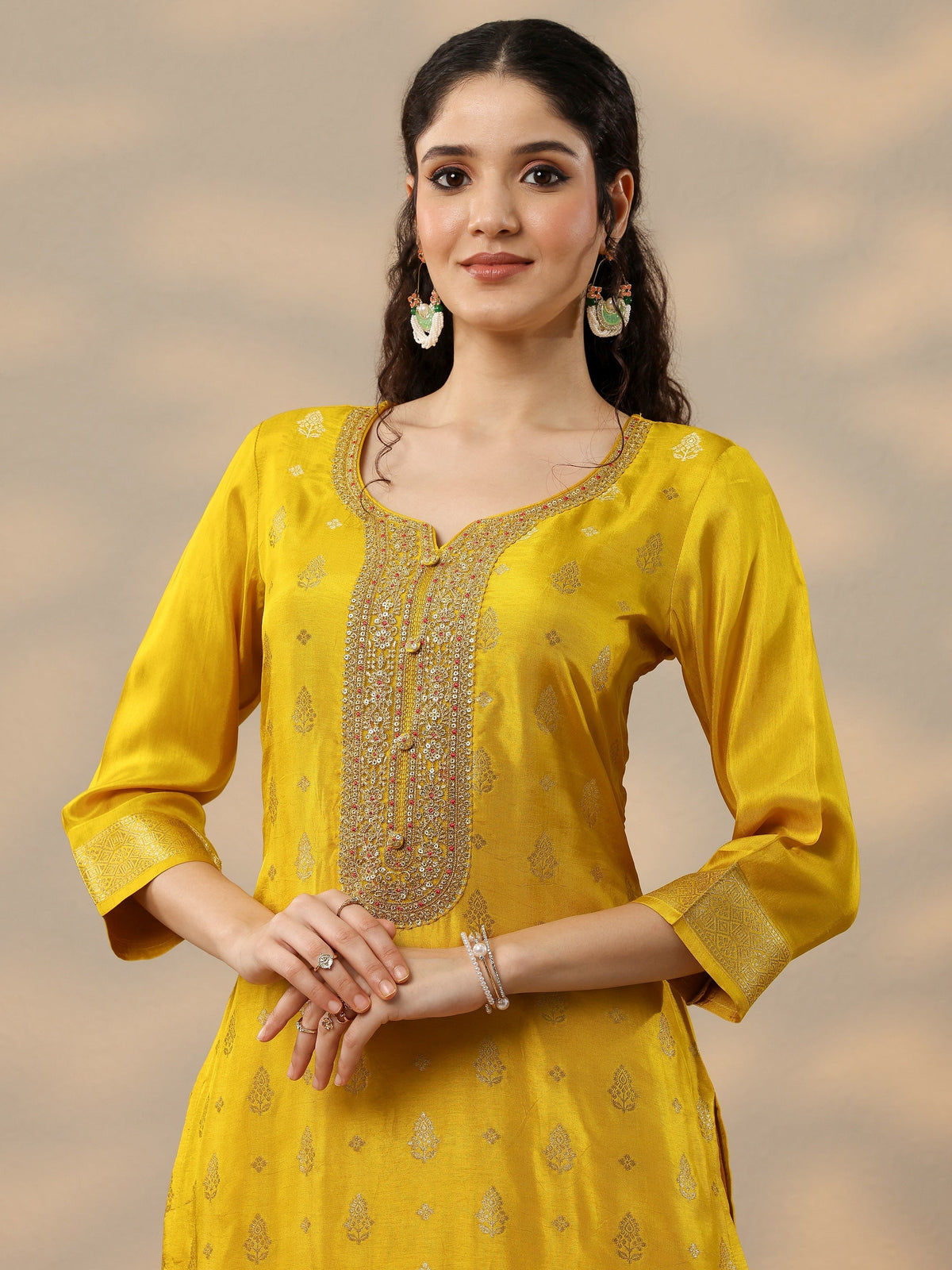 Libas Mustard Woven Design Silk Blend Straight Suit Set With Dupatta