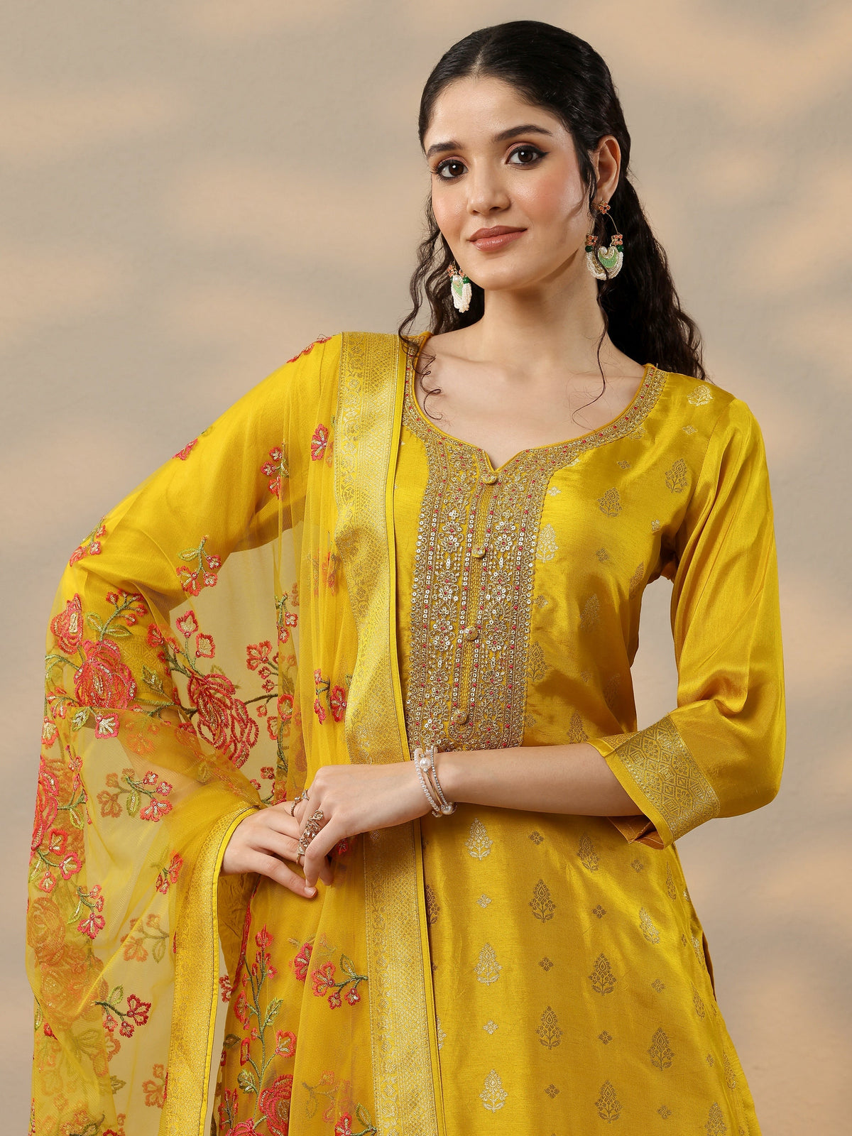 Libas Mustard Woven Design Silk Blend Straight Suit Set With Dupatta