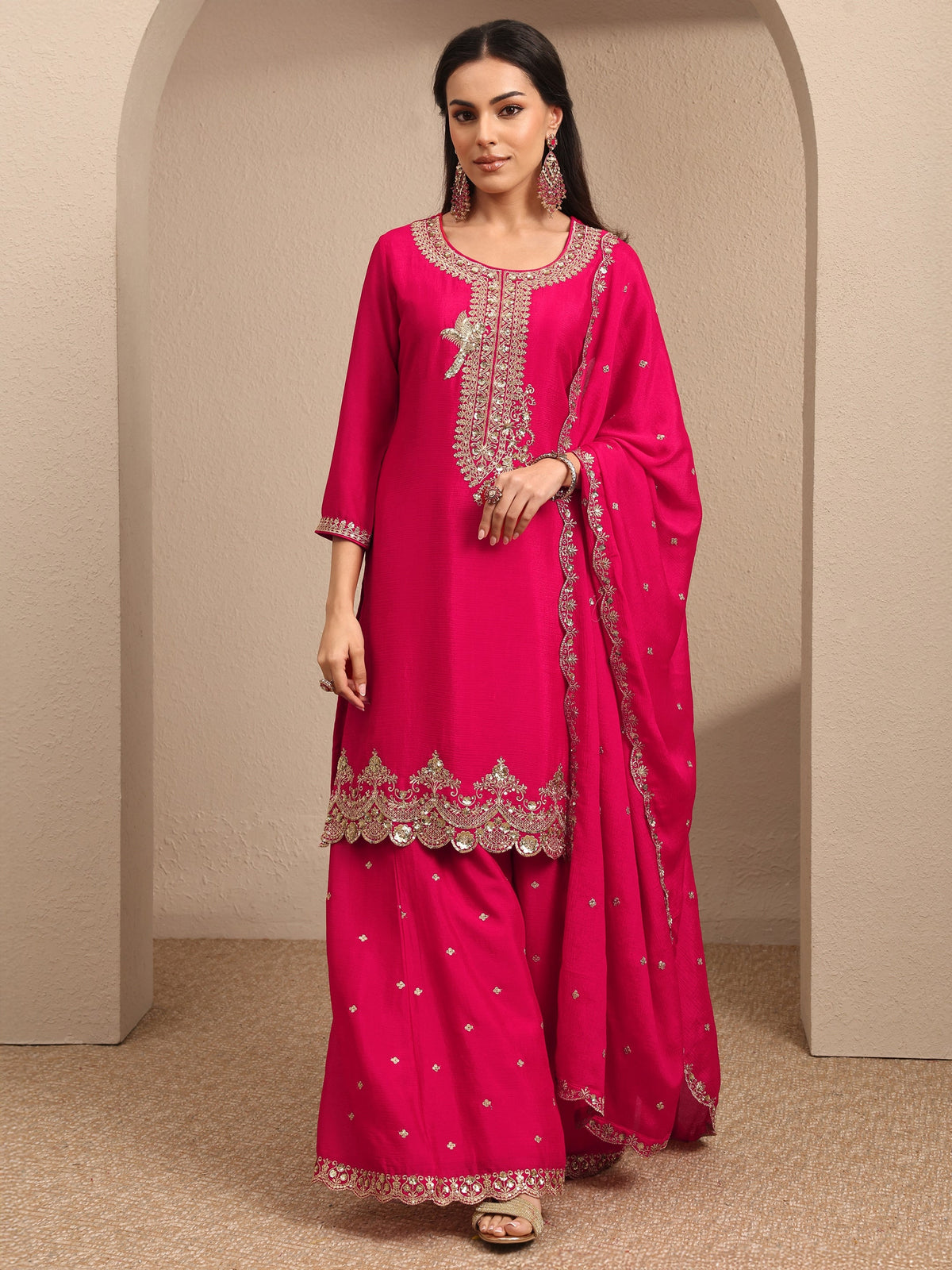 Libas Pink Embroidered Chinon Straight Suit Set With Dupatta