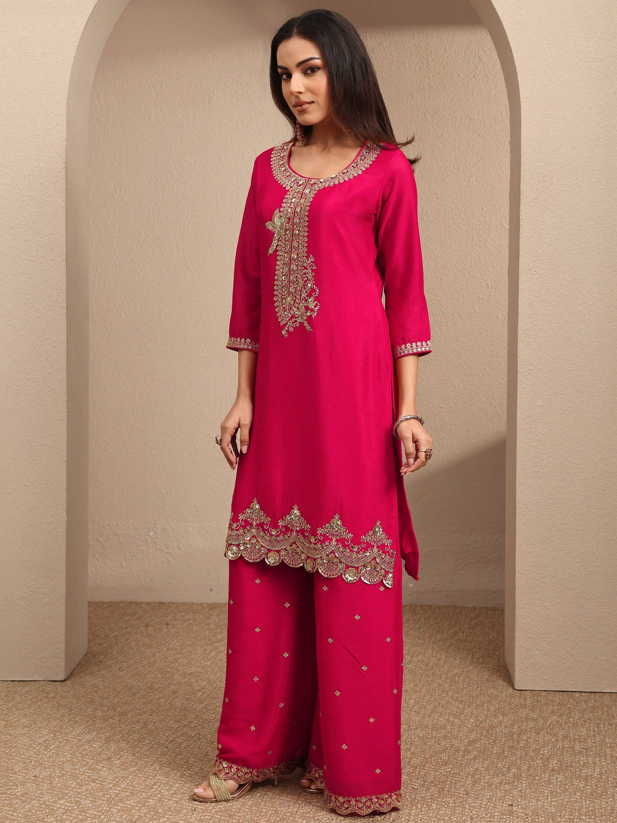 Libas Pink Embroidered Chinon Straight Suit Set With Dupatta