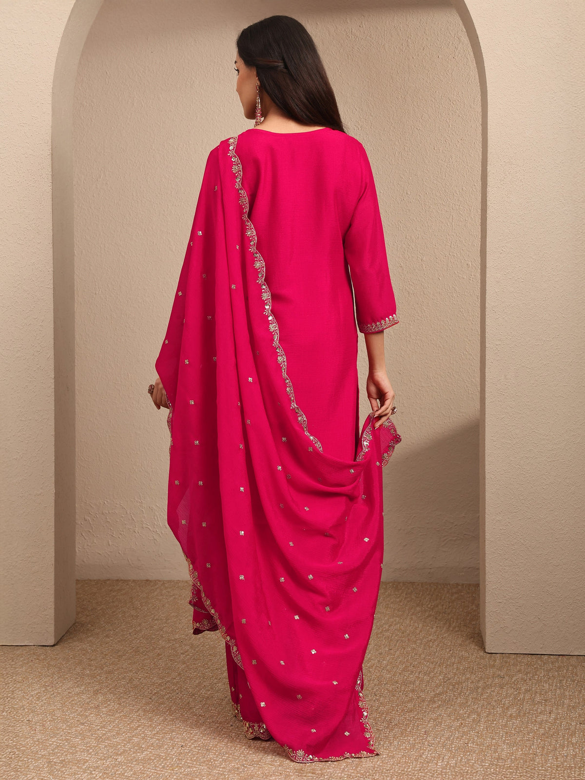 Libas Pink Embroidered Chinon Straight Suit Set With Dupatta