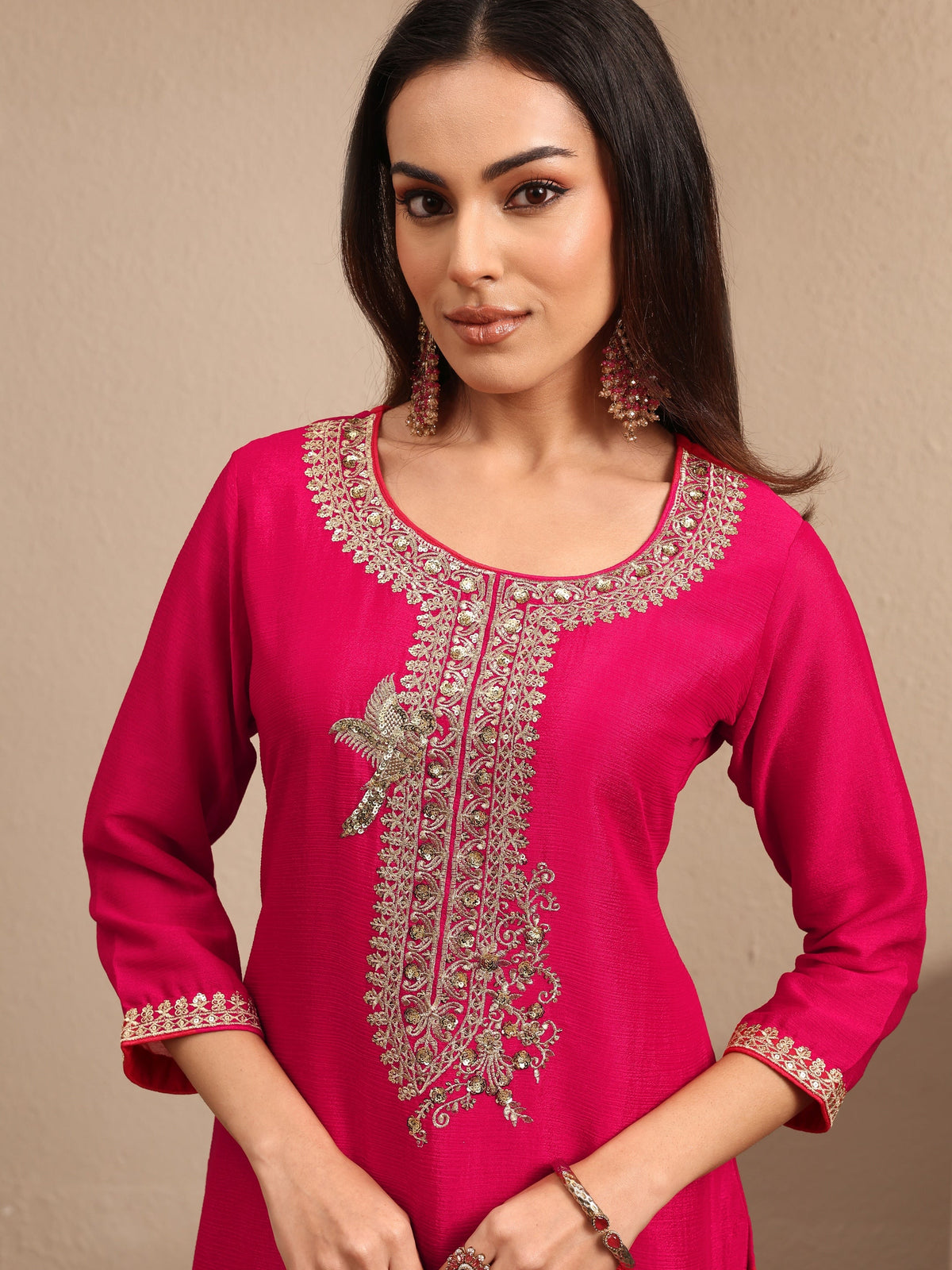 Libas Pink Embroidered Chinon Straight Suit Set With Dupatta