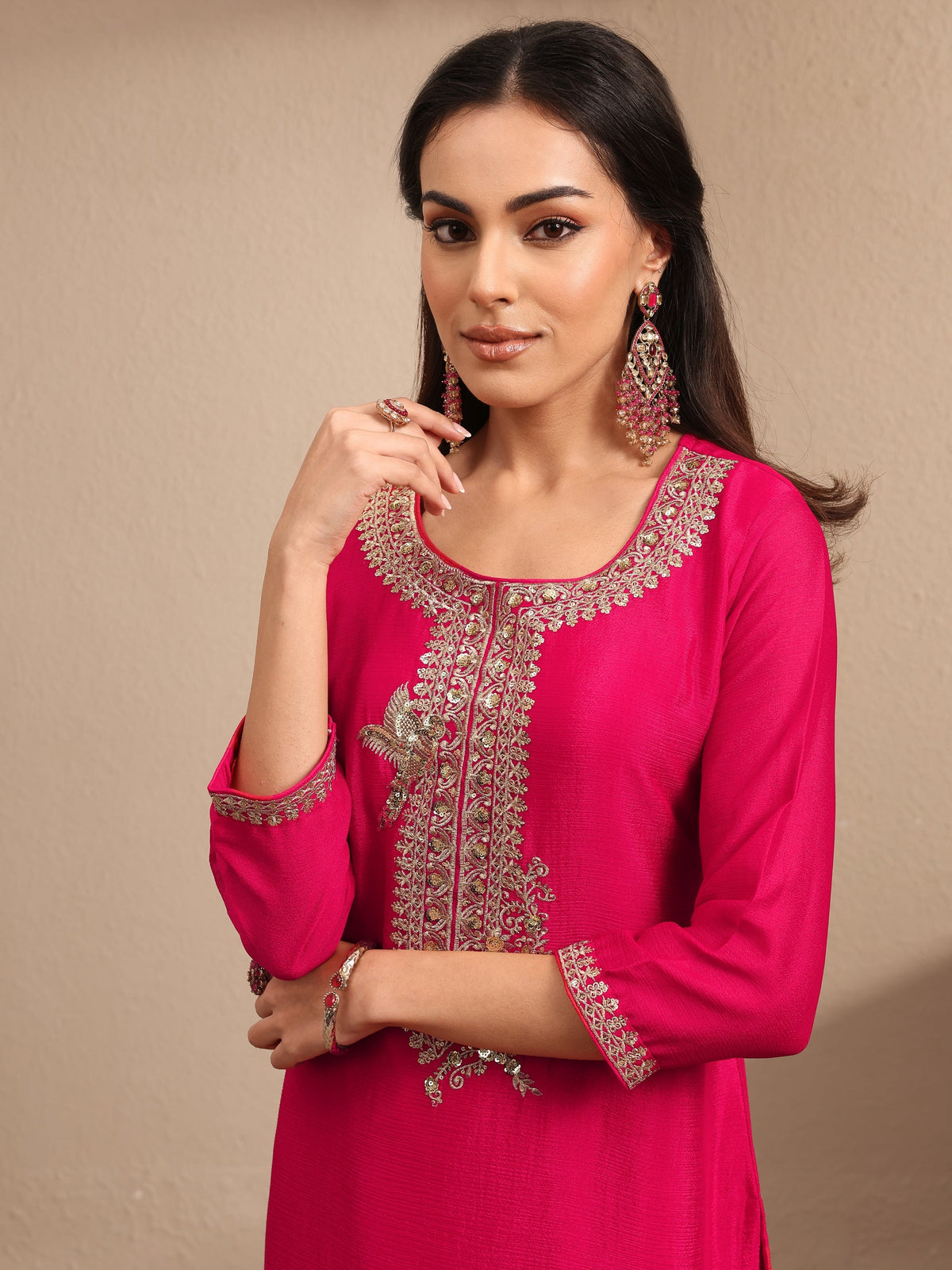 Libas Pink Embroidered Chinon Straight Suit Set With Dupatta
