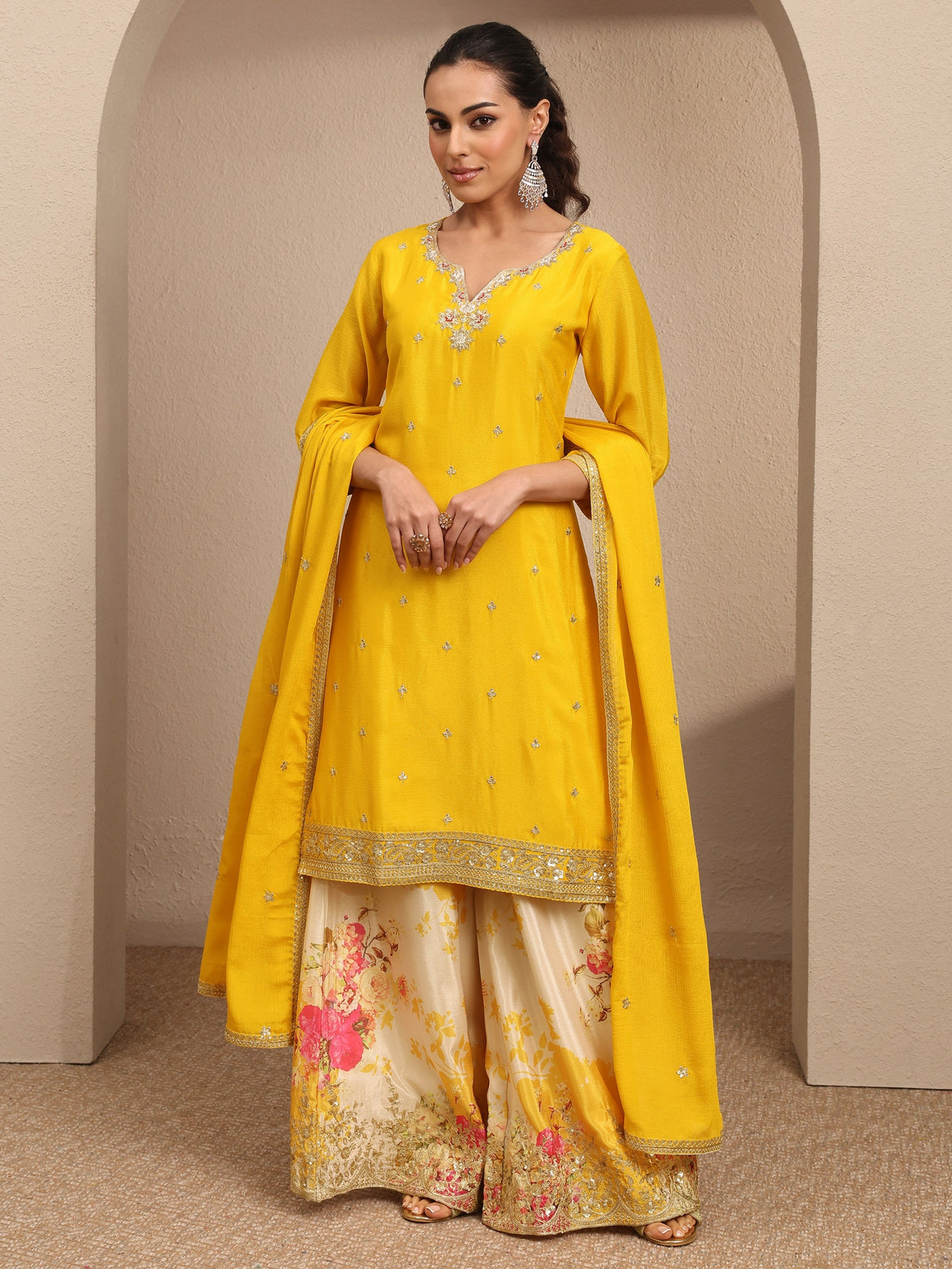 Libas Deepika Yellow Embroidered Chinon Straight Suit Set With Dupatta