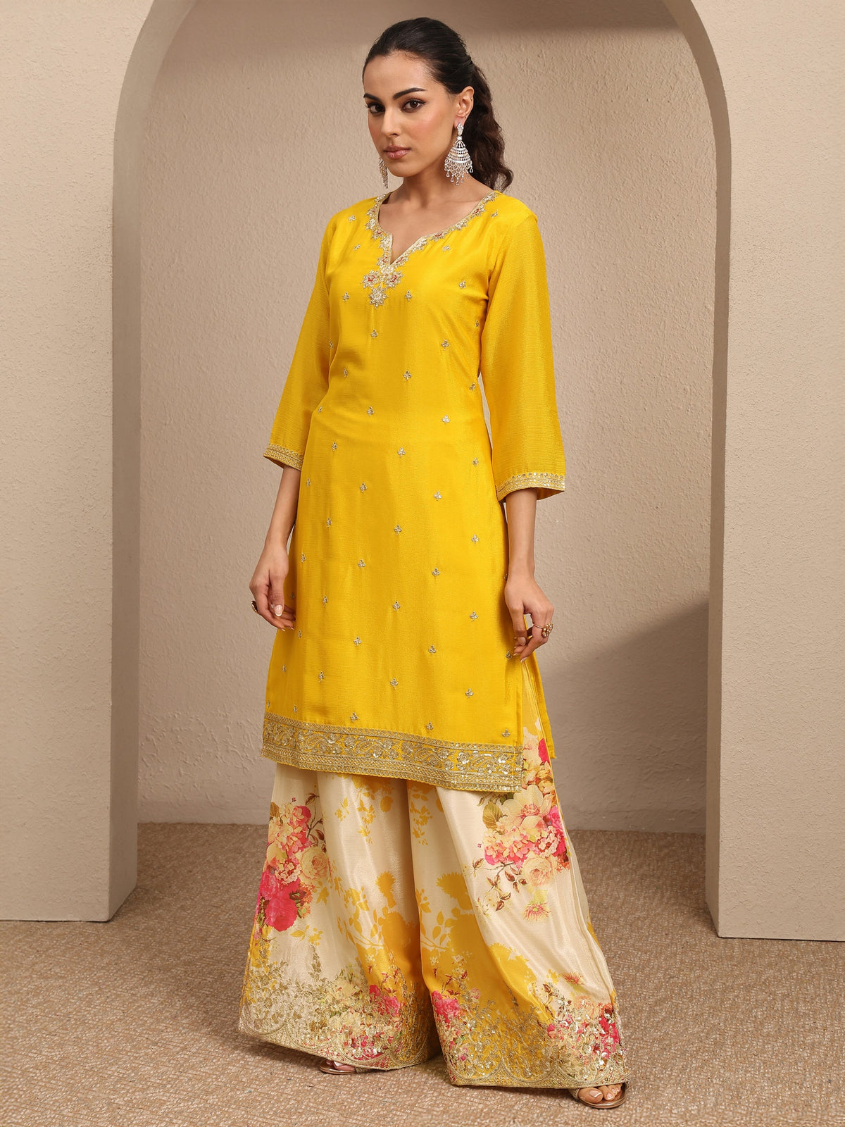Libas Deepika Yellow Embroidered Chinon Straight Suit Set With Dupatta
