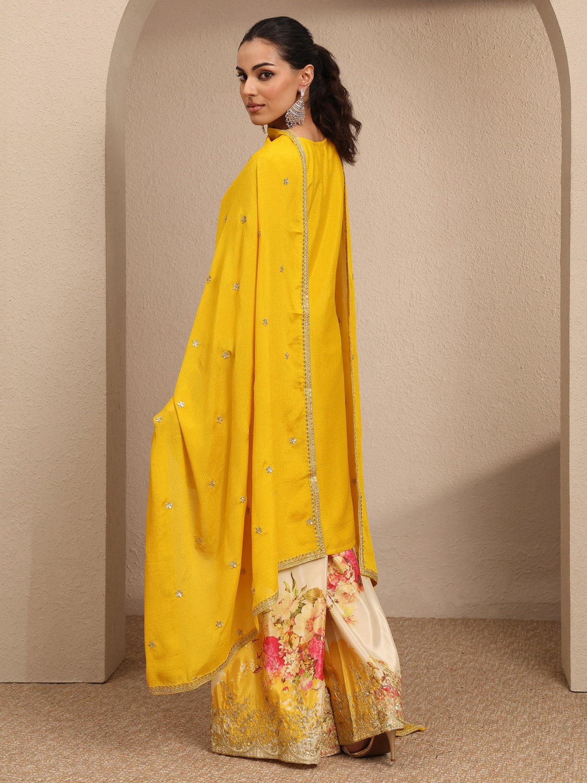 Libas Deepika Yellow Embroidered Chinon Straight Suit Set With Dupatta