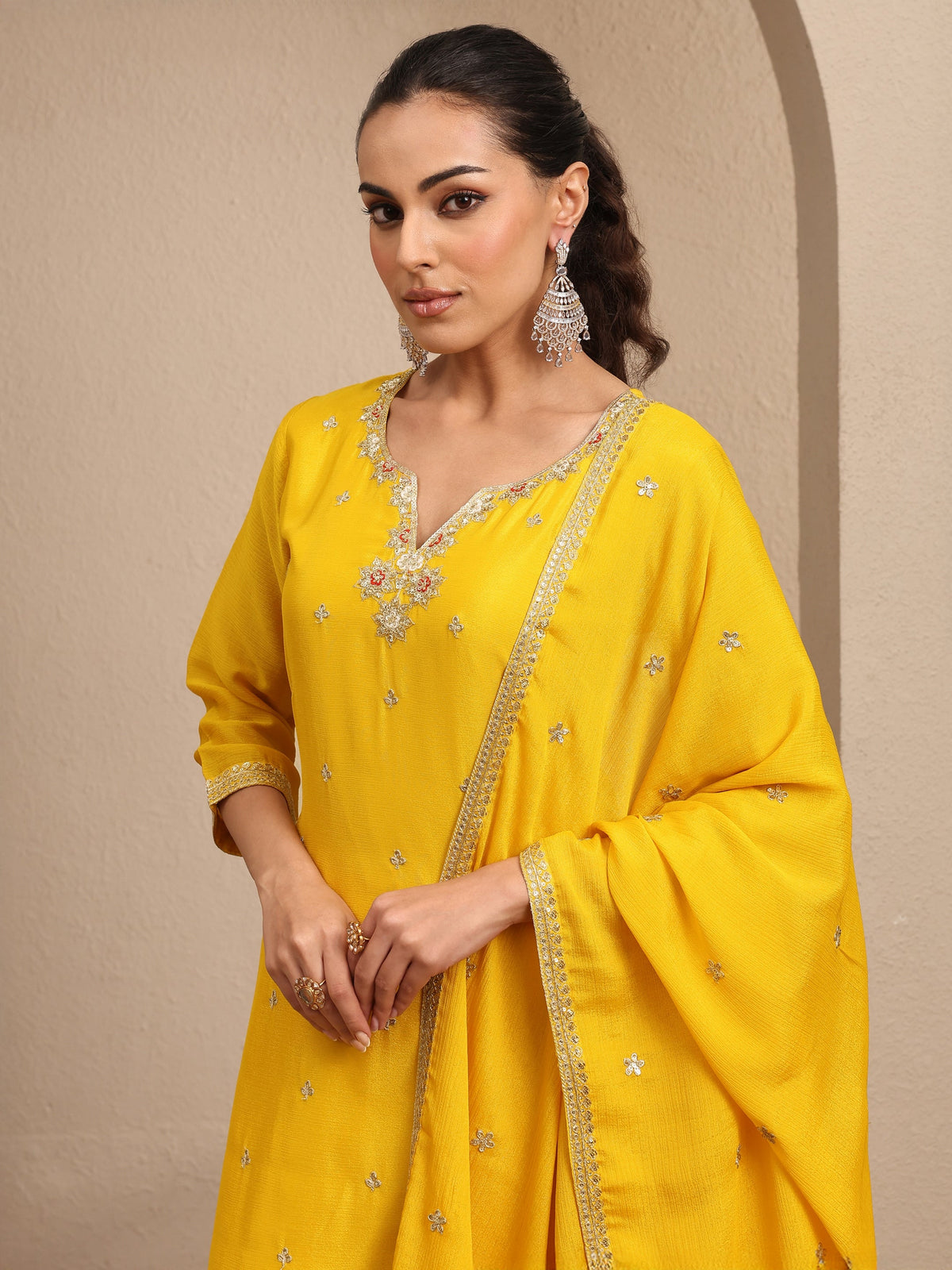 Libas Deepika Yellow Embroidered Chinon Straight Suit Set With Dupatta