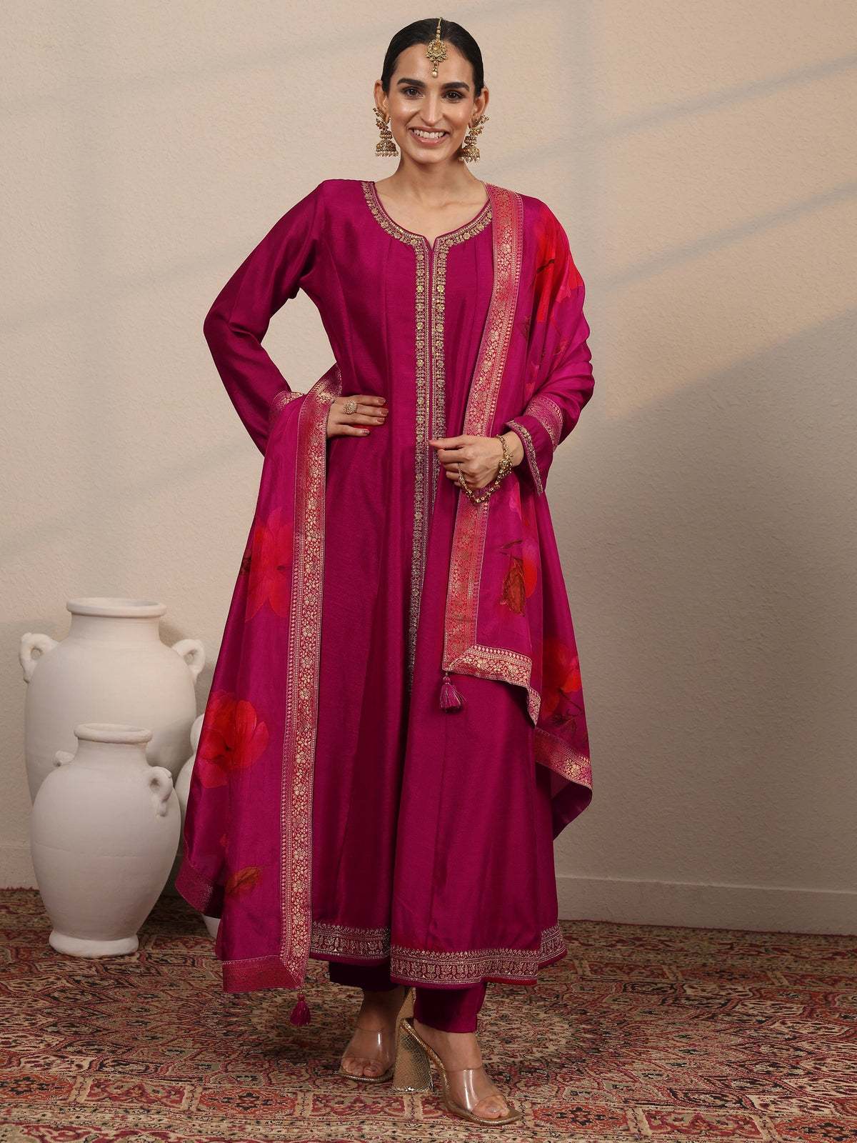 Libas Magenta Embroidered Silk Blend A-Line Suit Set With Dupatta