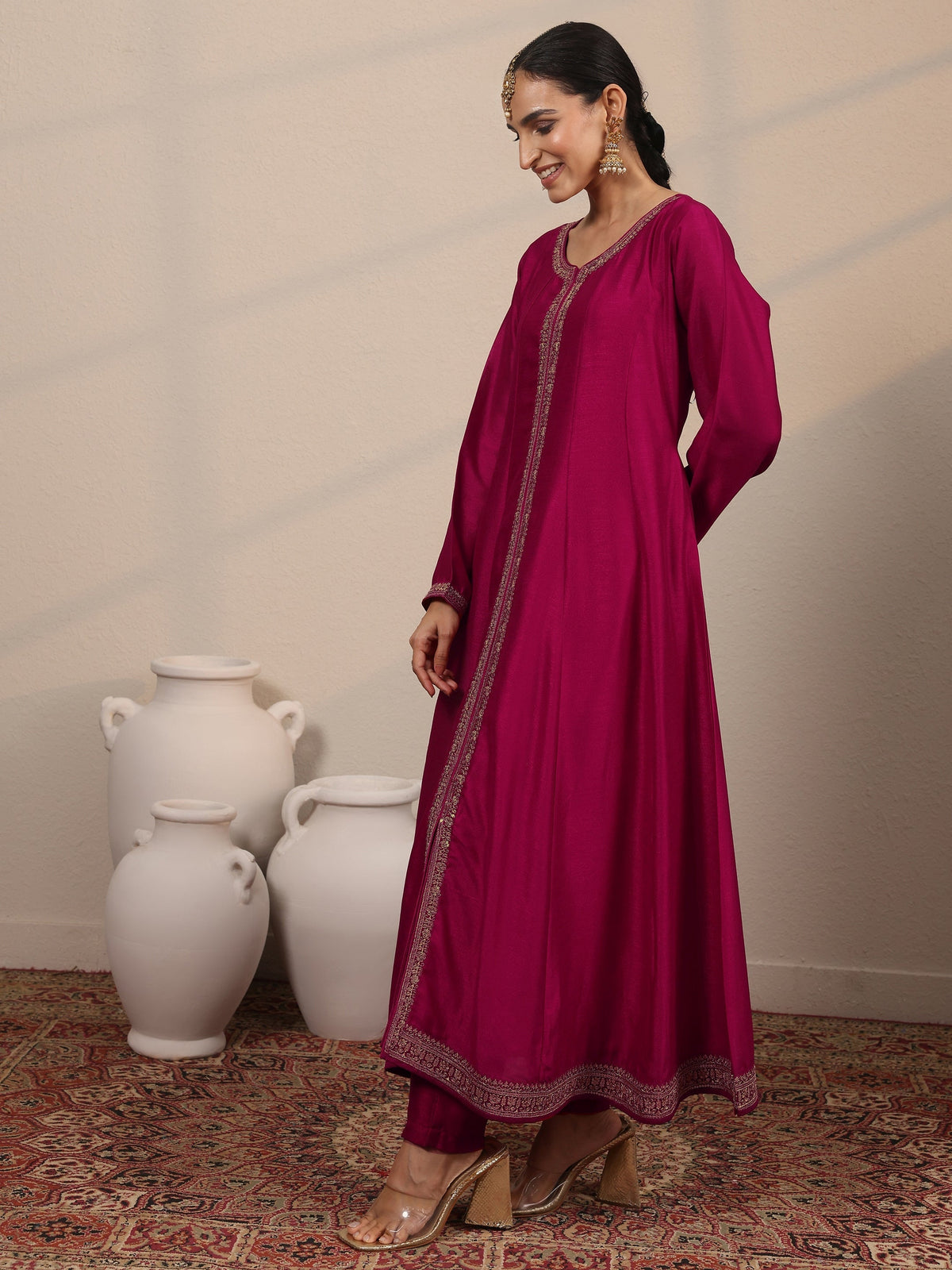 Libas Magenta Embroidered Silk Blend A-Line Suit Set With Dupatta