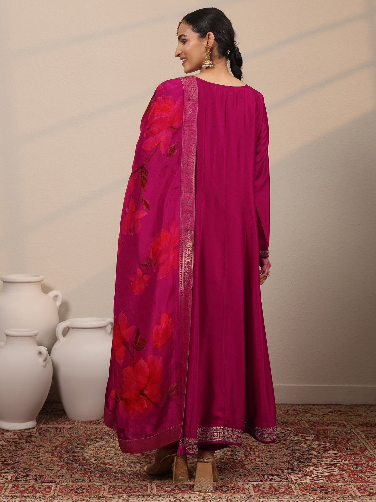 Libas Magenta Embroidered Silk Blend A-Line Suit Set With Dupatta