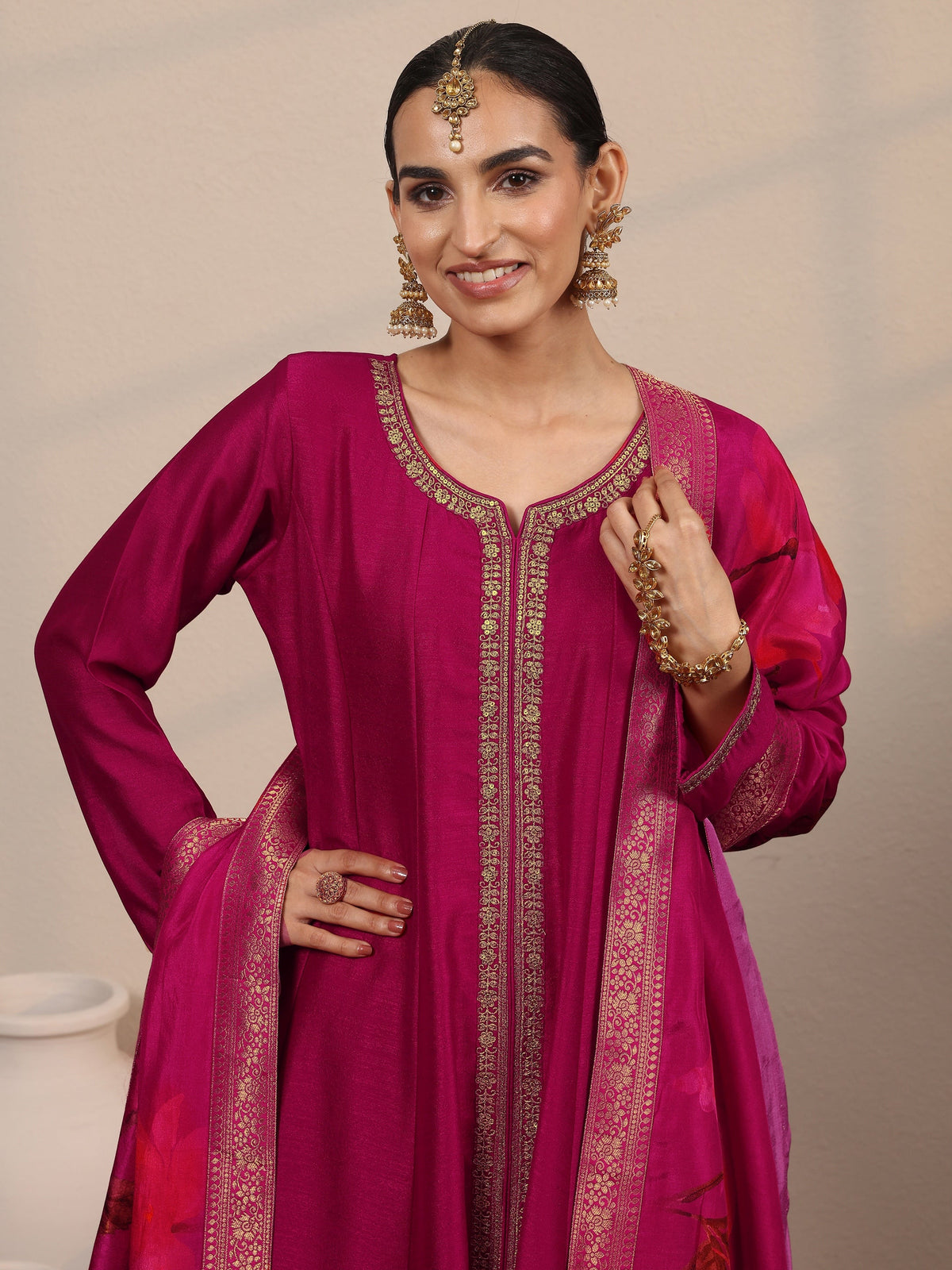 Libas Magenta Embroidered Silk Blend A-Line Suit Set With Dupatta