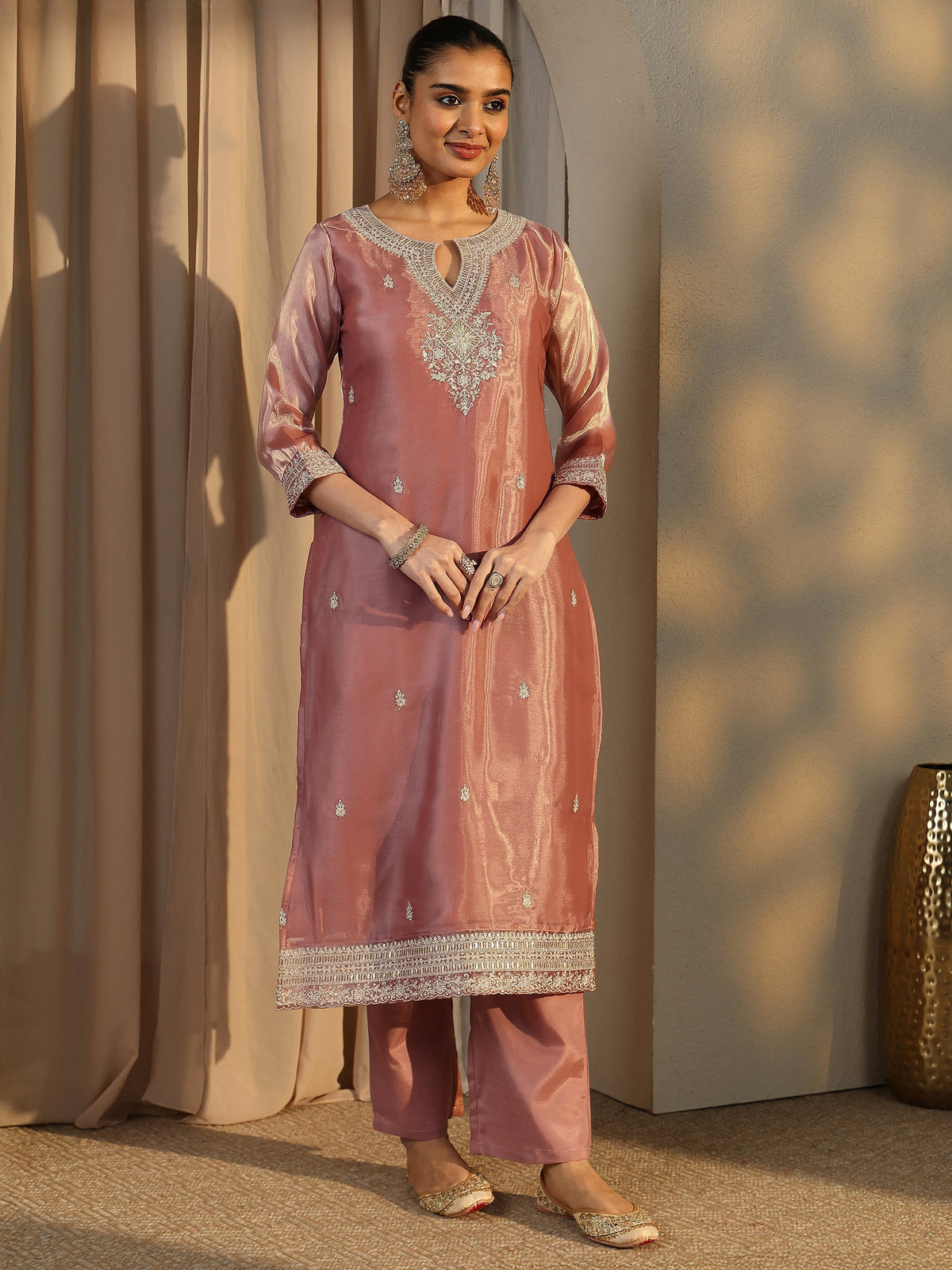 Libas Pink Embroidered Organza Straight Suit Set With Dupatta