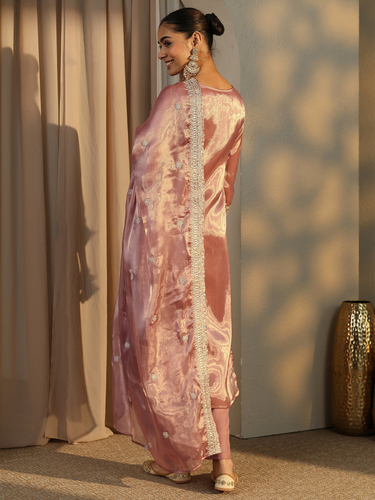 Libas Pink Embroidered Organza Straight Suit Set With Dupatta