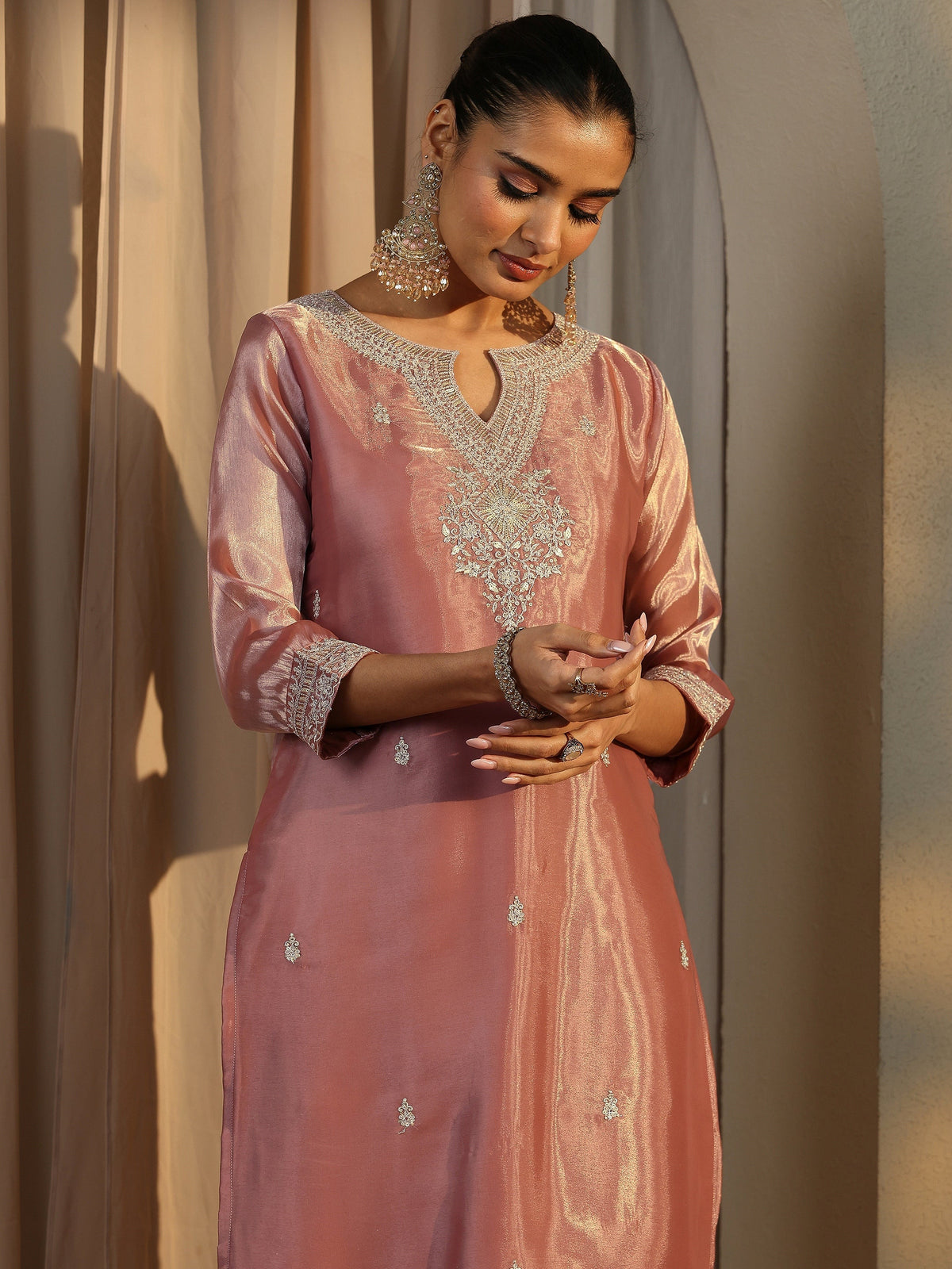 Libas Pink Embroidered Organza Straight Suit Set With Dupatta