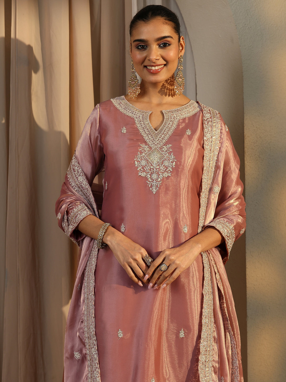 Libas Pink Embroidered Organza Straight Suit Set With Dupatta