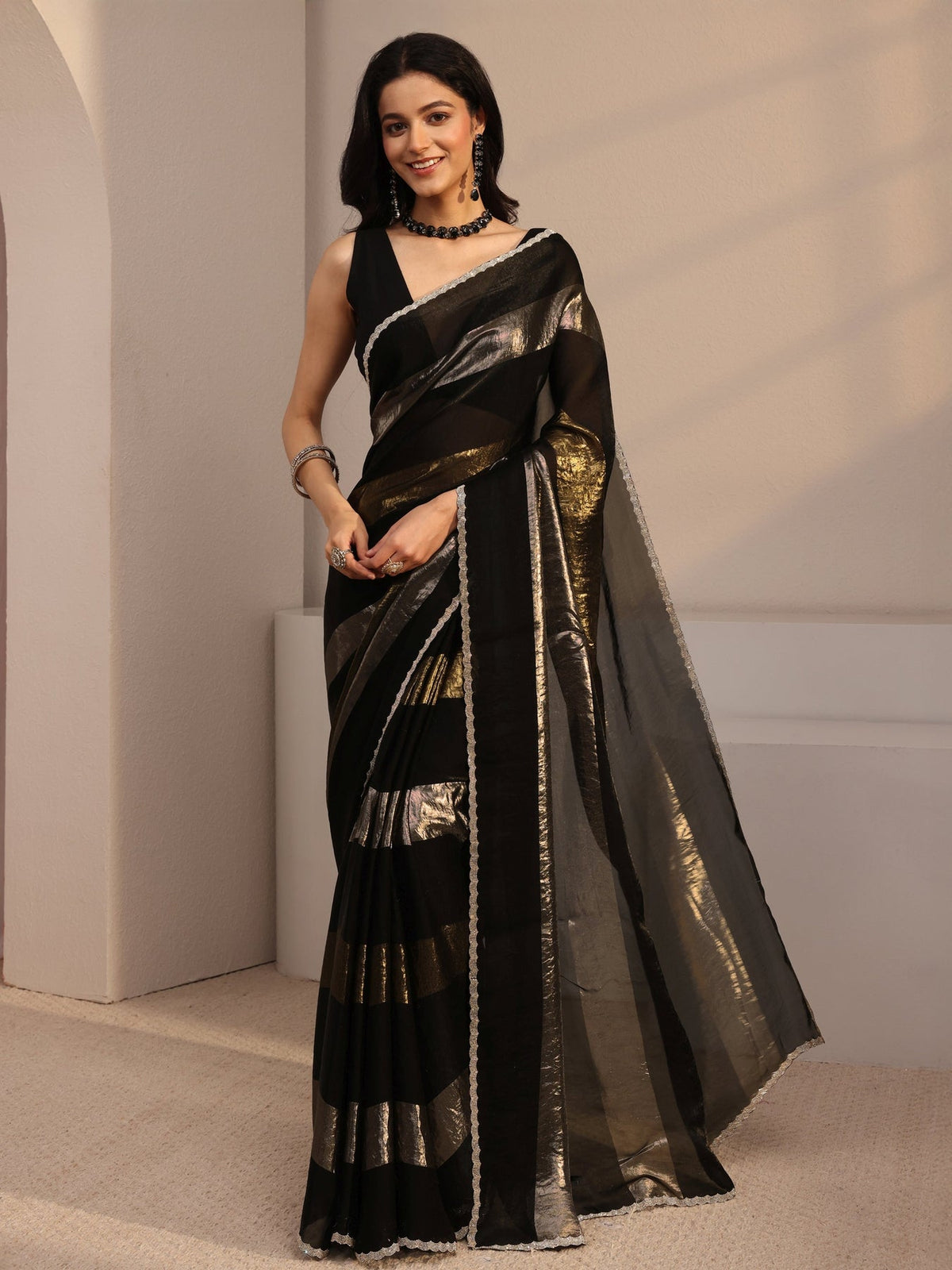 Libas Black Embellished Tissue Saree With Unstiched Blouse Piece S45