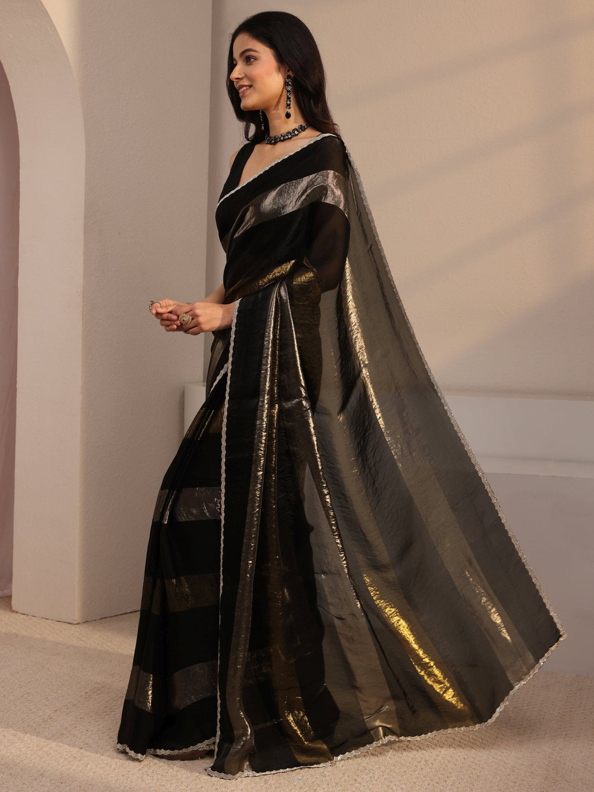 Libas Black Embellished Tissue Saree With Unstiched Blouse Piece S45