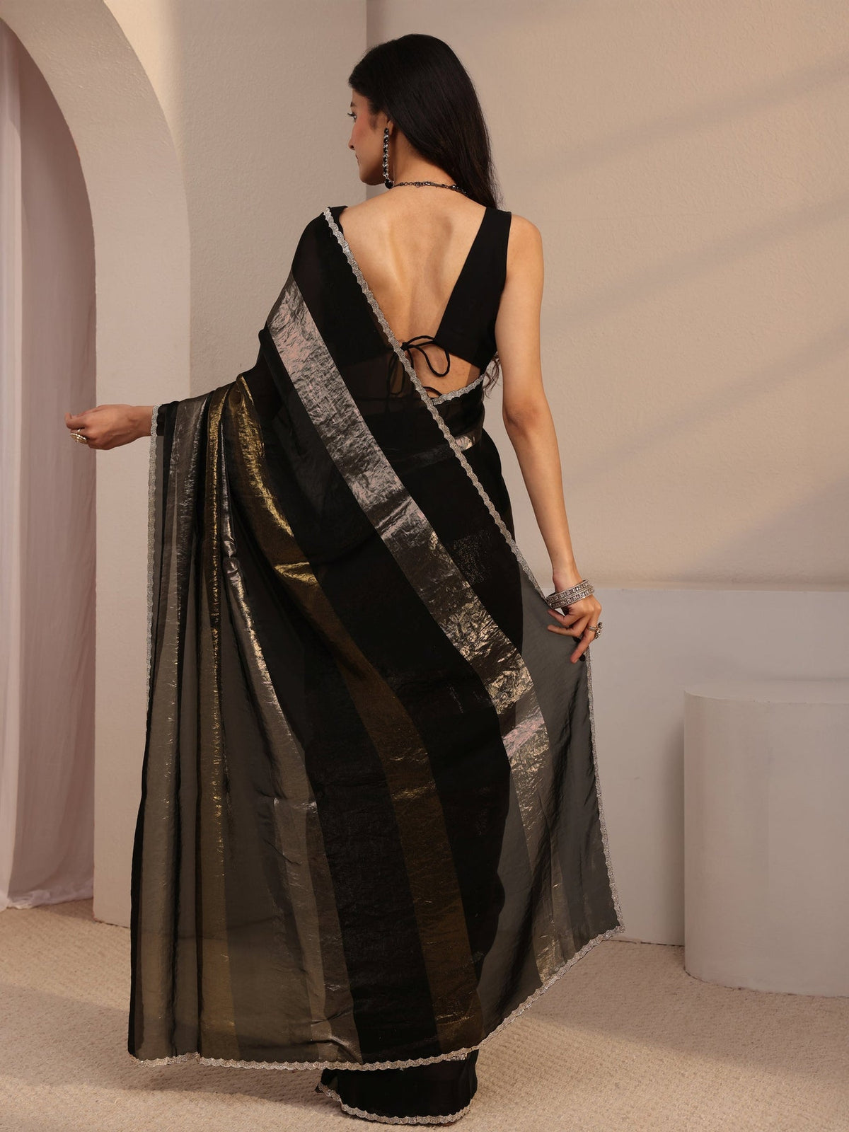 Libas Black Embellished Tissue Saree With Unstiched Blouse Piece S45
