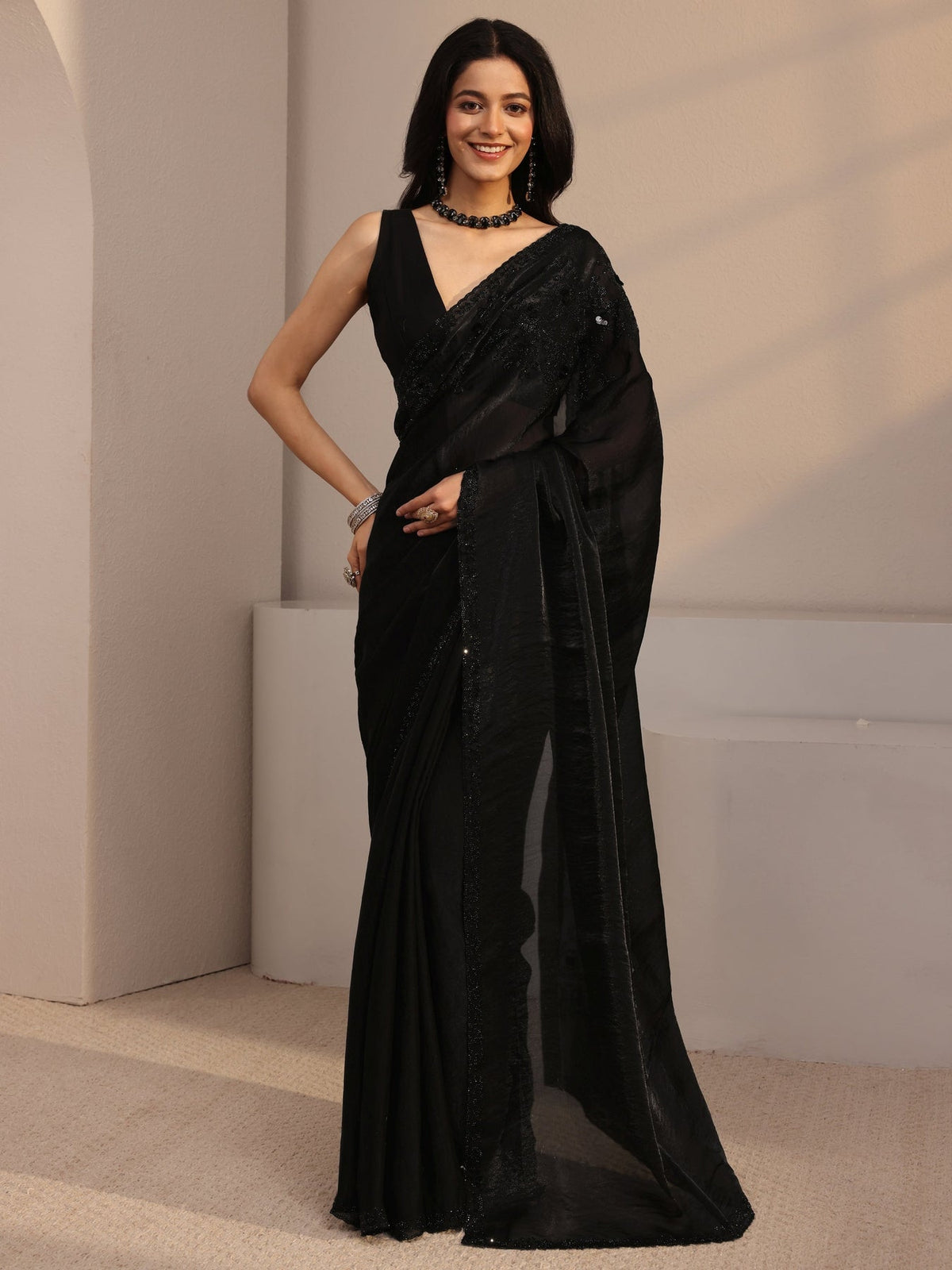 Libas Black Embellished Tissue Saree With Unstiched Blouse Piece S45