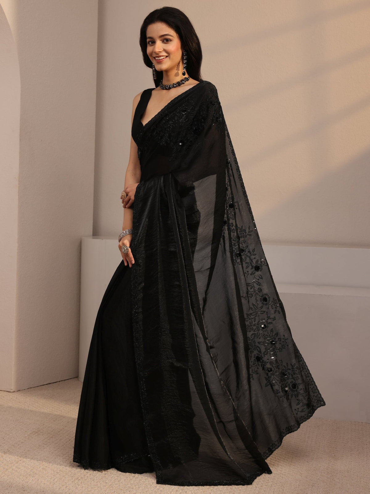Libas Black Embellished Tissue Saree With Unstiched Blouse Piece S45