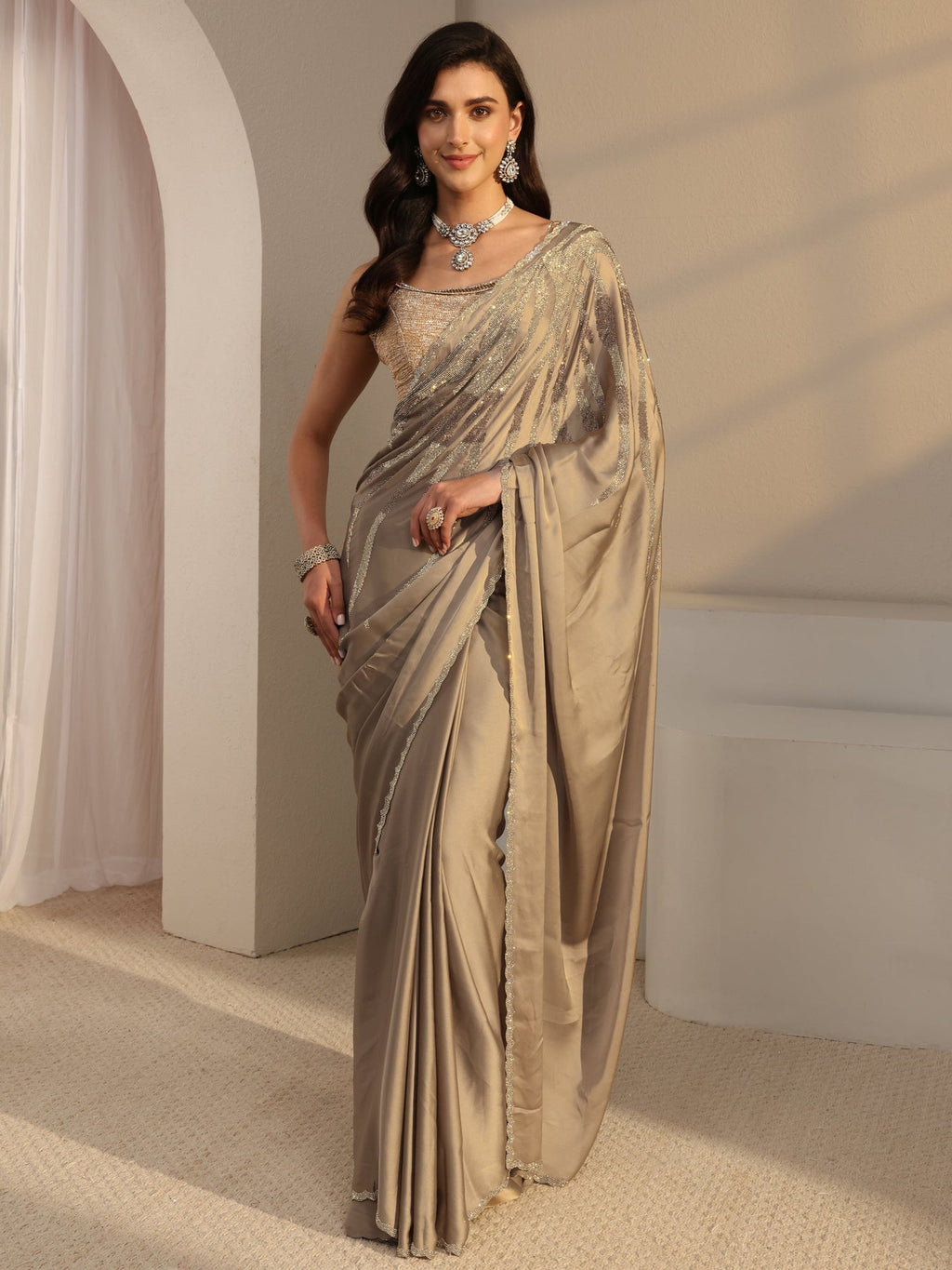 Libas Taupe Solid Satin Saree With Unstitched Blouse Piece S45