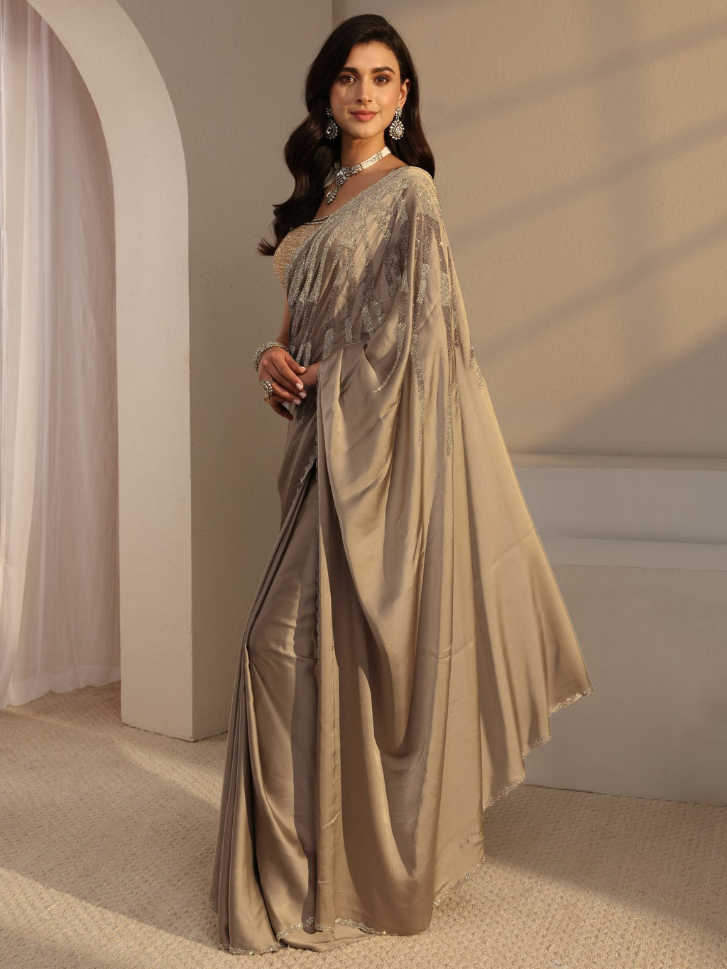 Libas Taupe Solid Satin Saree With Unstitched Blouse Piece S45