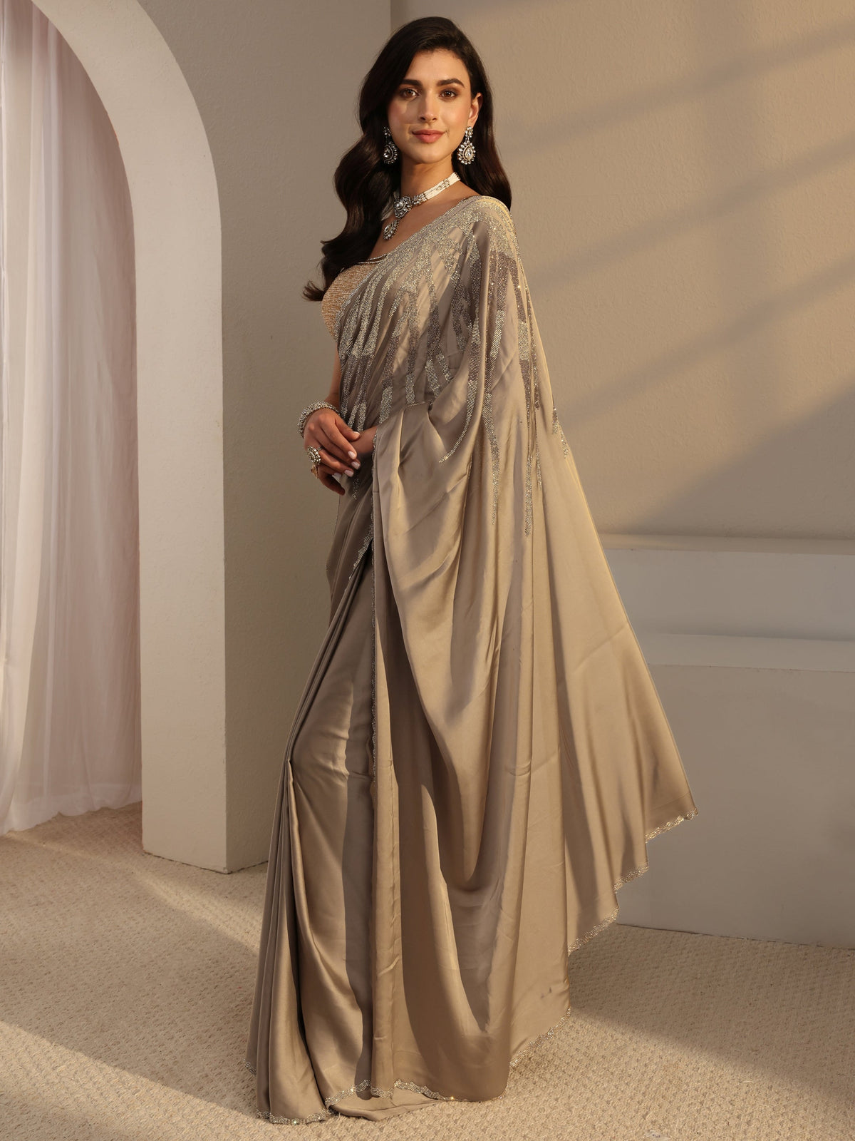 Libas Taupe Solid Satin Saree With Unstitched Blouse Piece